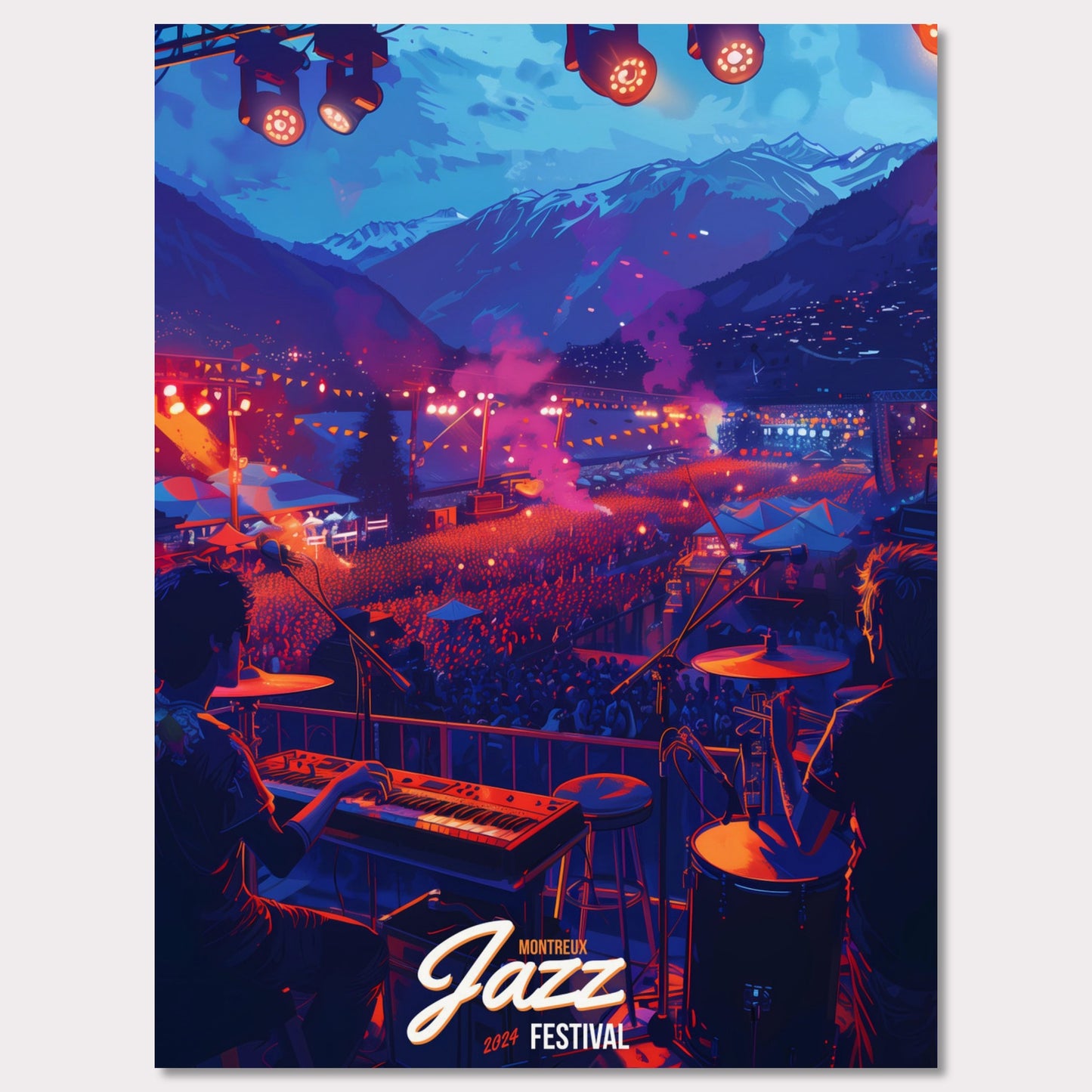 Experience the magic of the Montreux Jazz Festival 2024! This vibrant poster captures the essence of a live performance with a stunning mountain backdrop, colorful stage lights, and an enthusiastic crowd. Feel the rhythm, join the celebration, and be part of this unforgettable musical journey!