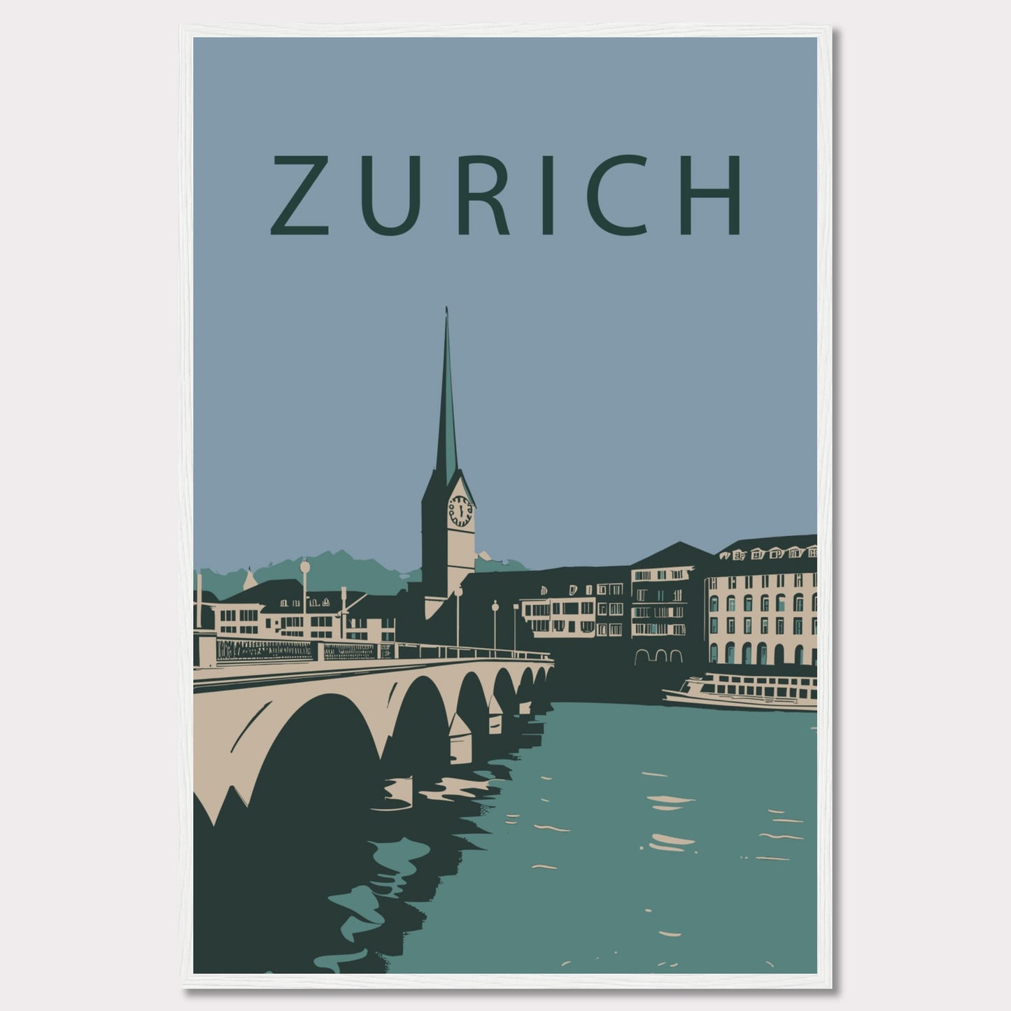 This poster features a serene illustration of Zurich, showcasing its iconic architecture and tranquil river scene.