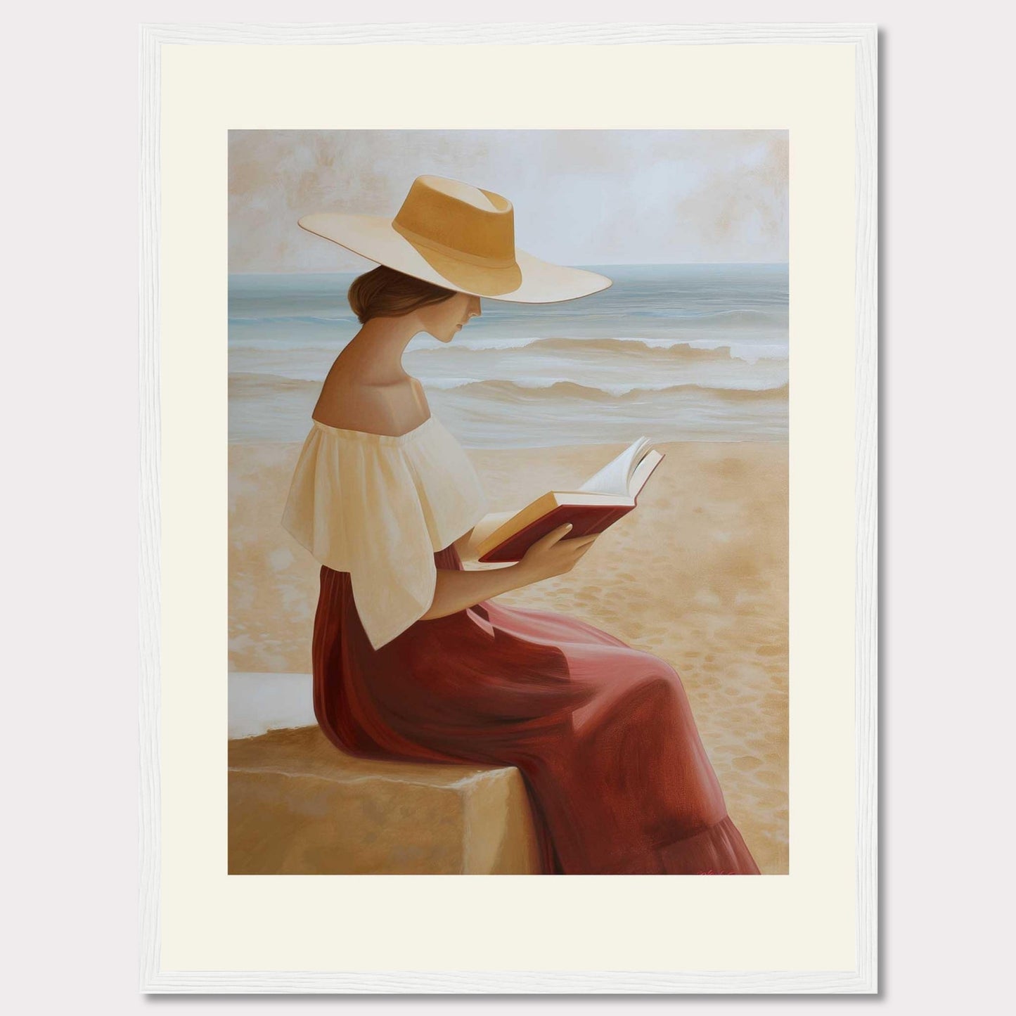 This serene painting depicts a woman sitting by the beach, engrossed in a book. She wears a wide-brimmed hat and a flowing dress, with the ocean waves gently rolling in the background.