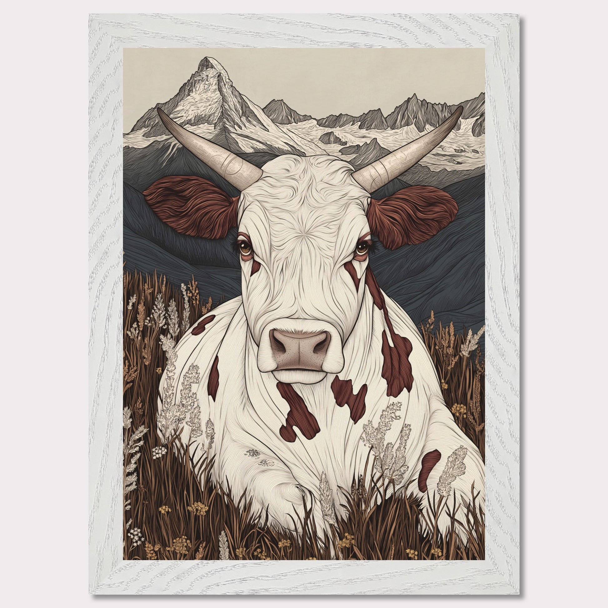 This beautifully detailed poster portrays a tranquil scene of alpine life with a focus on the harmonious connection between nature and animals. A striking cow with intricate features gazes directly at the viewer, creating a sense of intimacy, while the majestic Matterhorn looms in the background. The combination of soft earth tones and delicate linework evokes a rustic yet modern aesthetic.