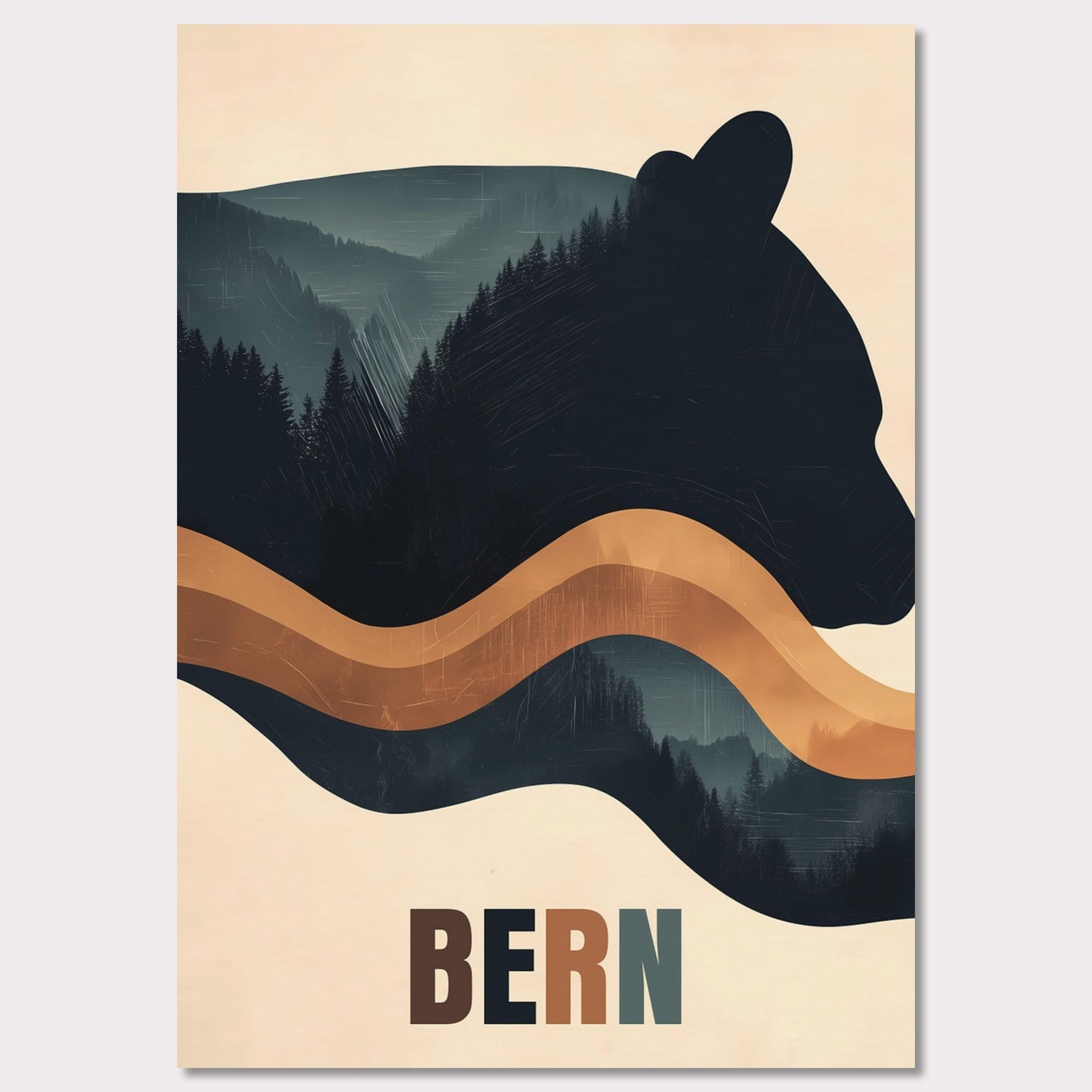 This elegant poster captures the harmony between nature and Bern’s cultural heritage. The silhouette of a bear, the city’s symbol, seamlessly blends with dense forests and flowing lines, creating a sense of tranquility and connection with the surroundings. The minimalist style and warm color palette give the artwork a modern aesthetic.