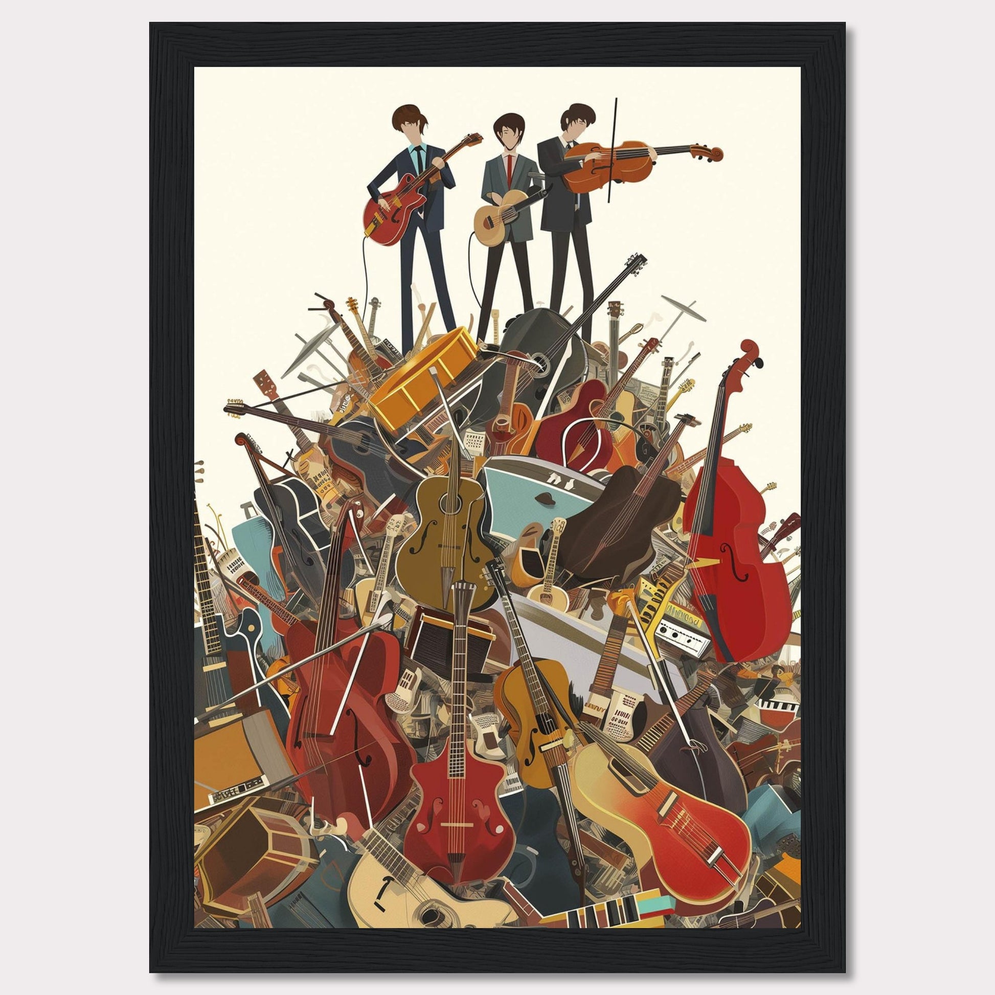 This vibrant illustration captures three musicians standing atop a towering pile of various musical instruments. The scene is filled with guitars, violins, cellos, drums, and more, creating a lively and energetic atmosphere.