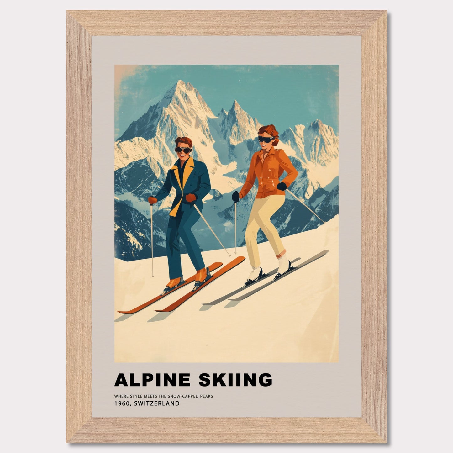 This stunning retro-style poster celebrates the elegance of alpine skiing in Switzerland. Two stylish skiers gracefully glide down the snowy slopes, set against the backdrop of majestic, sunlit peaks. The vintage color palette and mid-century design highlight the timeless charm and sophistication of the alpine experience, making it a celebration of both sport and scenery.