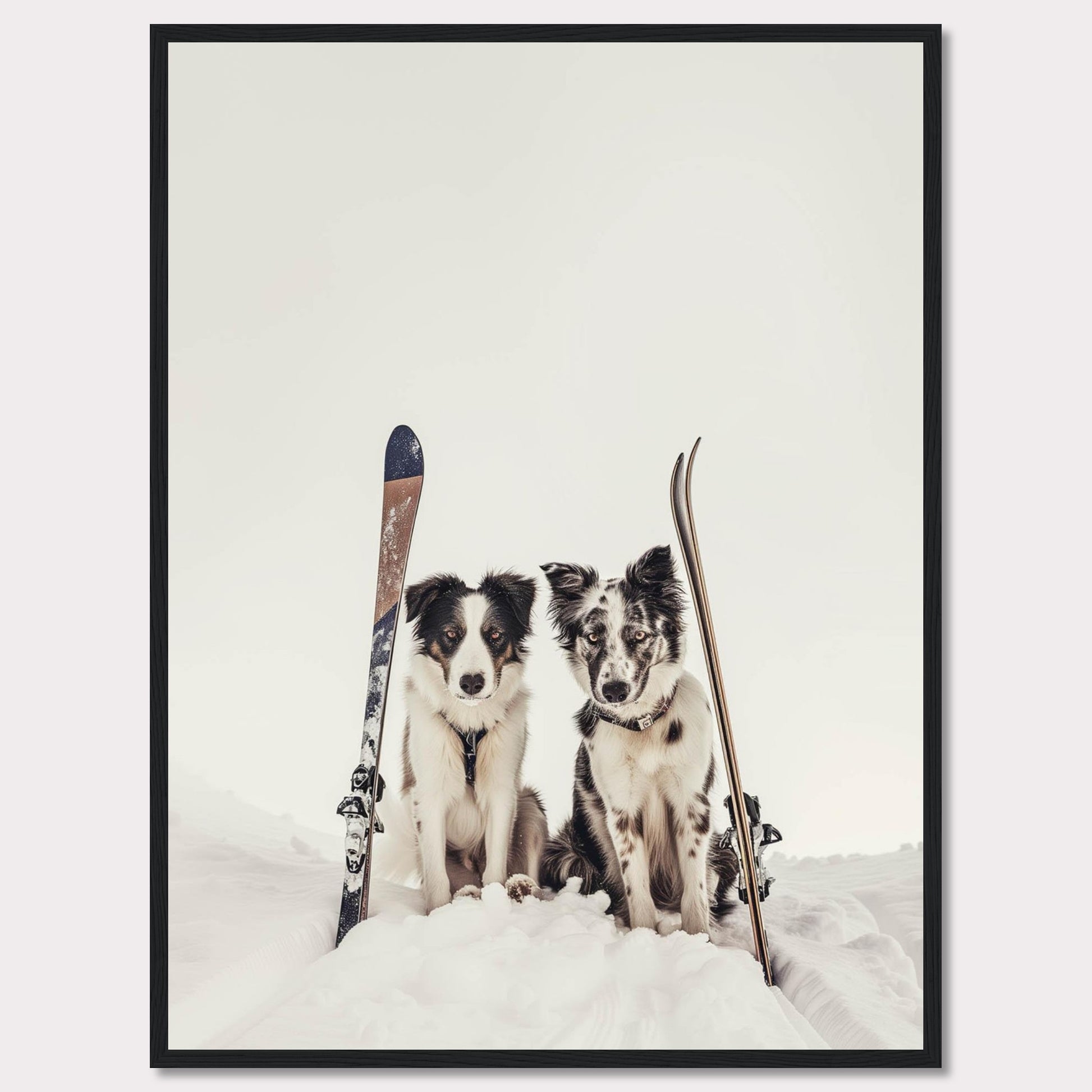 This charming photo captures two adorable dogs sitting in the snow with skis beside them, evoking a sense of adventure and playfulness. The scene is set against a serene snowy backdrop, highlighting the dogs and their playful expressions.