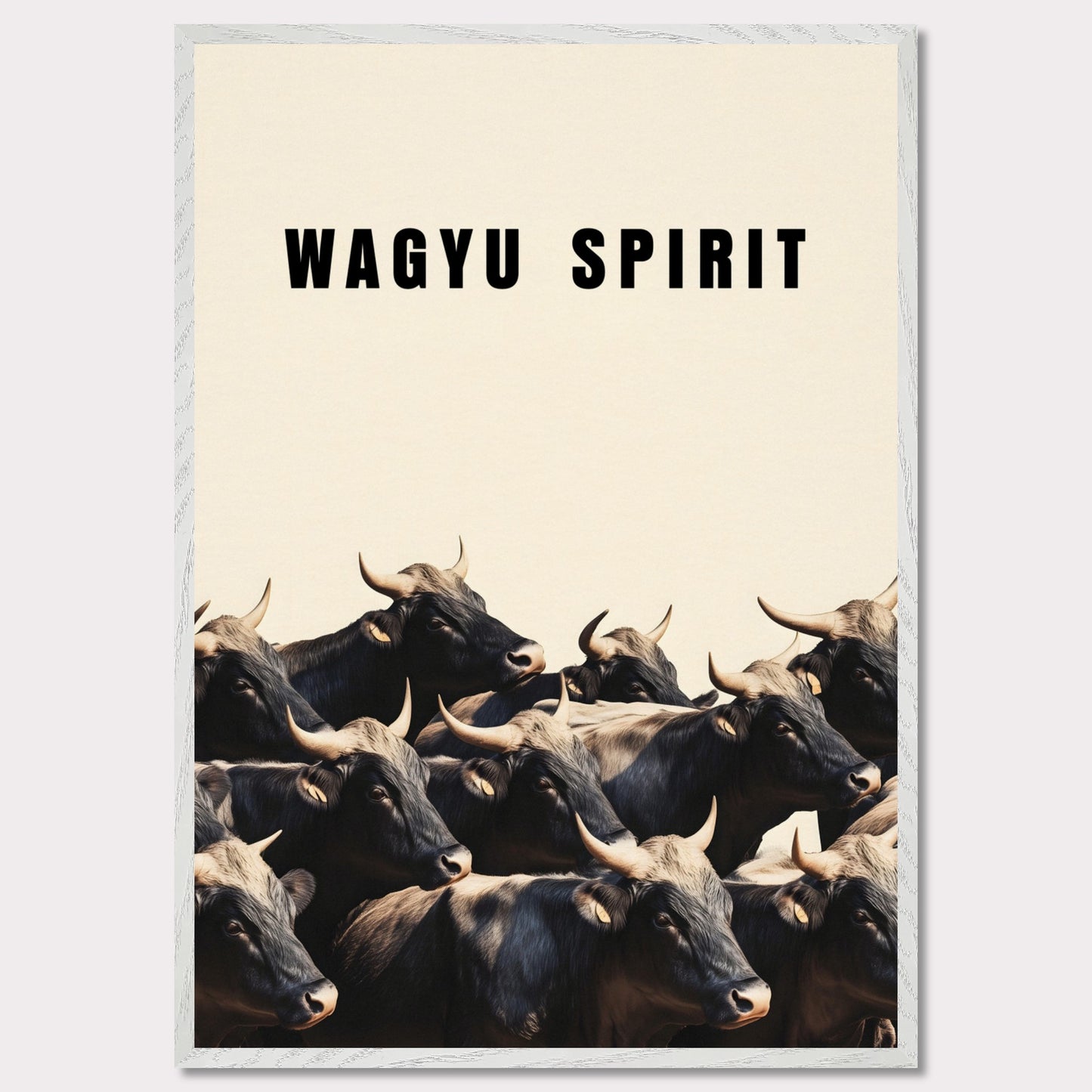 This illustration shows a group of black cattle with horns, set against a light background. The text "WAGYU SPIRIT" is prominently displayed at the top.

This poster will fit well in a kitchen, dining area, restaurant, or any space related to food and culinary arts.