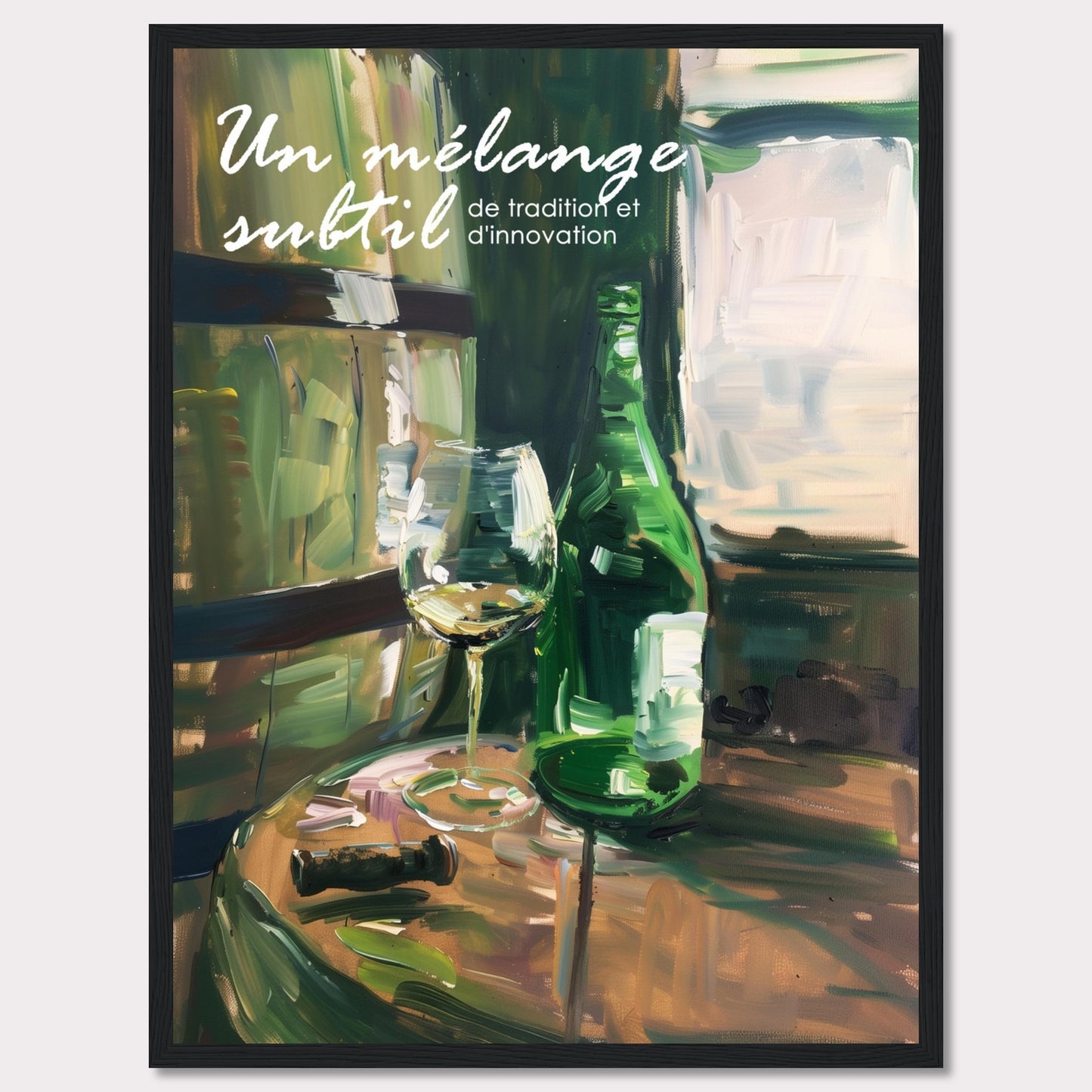 This image showcases a beautifully painted scene of a wine bottle and glass on a wooden table, evoking a sense of sophistication and elegance. The text on the image reads "Un mélange subtil de tradition et d'innovation," which translates to "A subtle blend of tradition and innovation."