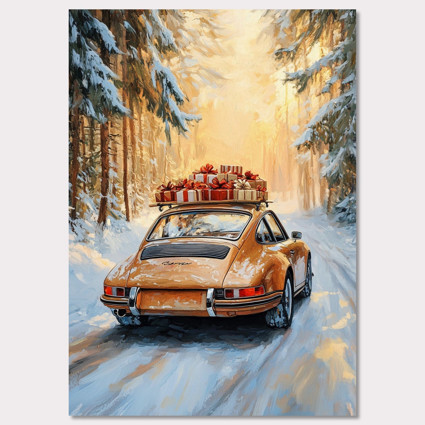 This festive poster showcases a yellow Porsche navigating a snow-covered path with holiday presents stacked on its roof. The warm glow from the trees lining the road creates a magical winter scene, while the "Merry Christmas" typography evokes the warmth and joy of the holiday season. The combination of sleek design and a peaceful winter landscape makes this a perfect holiday greeting.