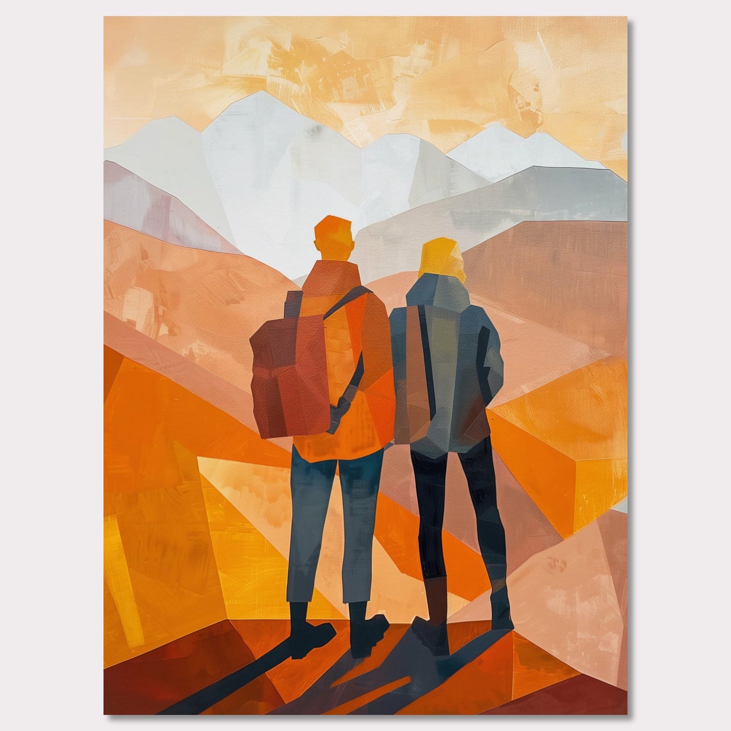 This illustration depicts two figures standing side by side, gazing at a mountainous landscape.