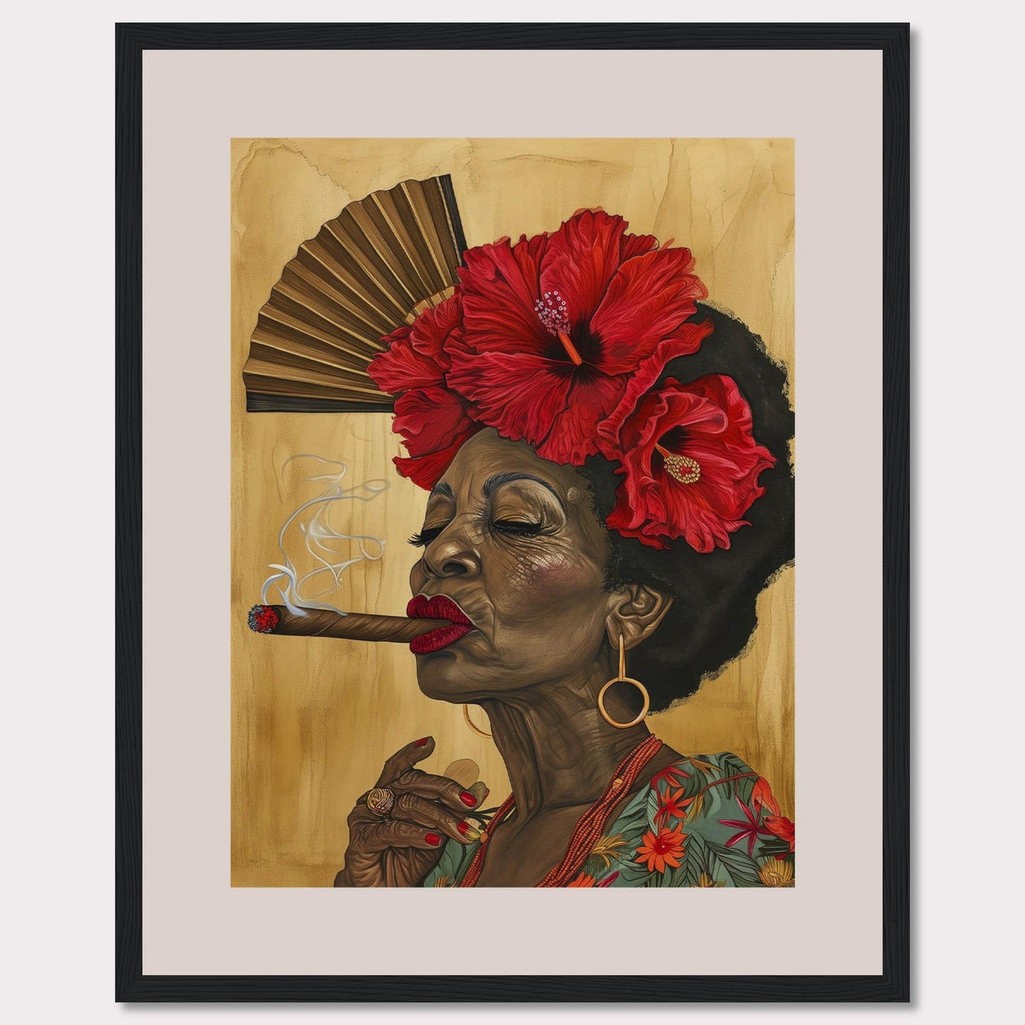 This captivating artwork features a dignified elderly woman smoking a cigar, adorned with vibrant red hibiscus flowers in her hair. Behind her, a traditional hand fan adds a touch of cultural elegance to the scene. The rich colors and intricate details bring out her character and grace.