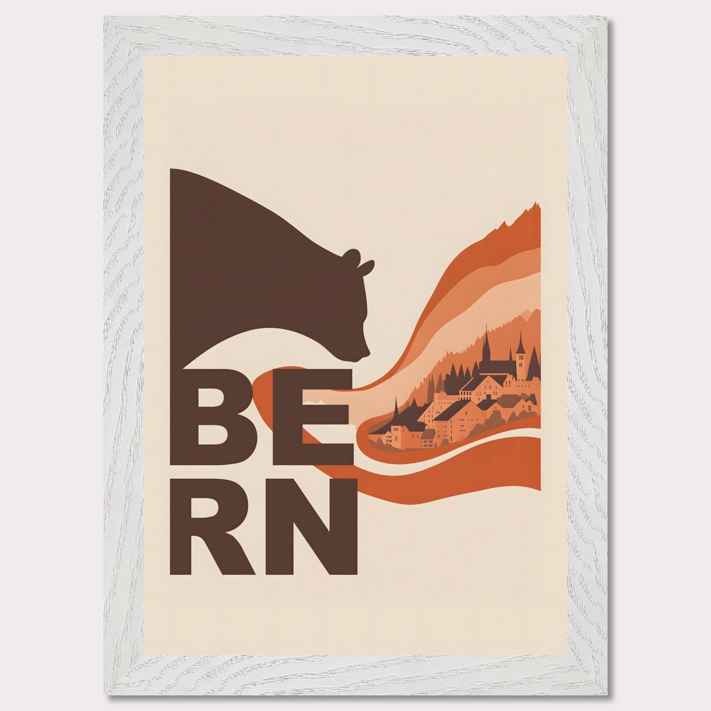 This elegant poster portrays a bear embracing the architectural landscapes of Bern. With flowing lines connecting nature and culture, it conveys the charm of this Swiss city.