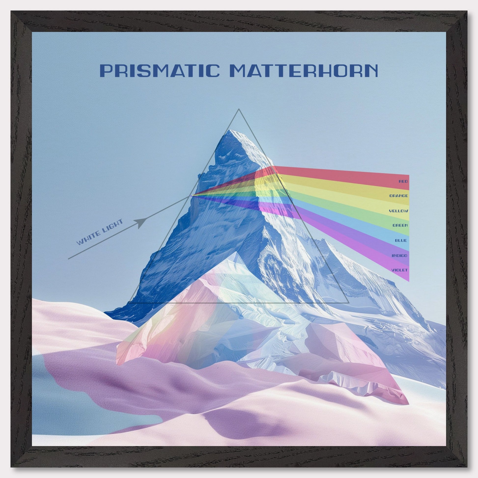 This image features a stunning illustration of the Matterhorn mountain with a prismatic effect. The mountain is depicted as a prism, dispersing white light into a spectrum of colors.