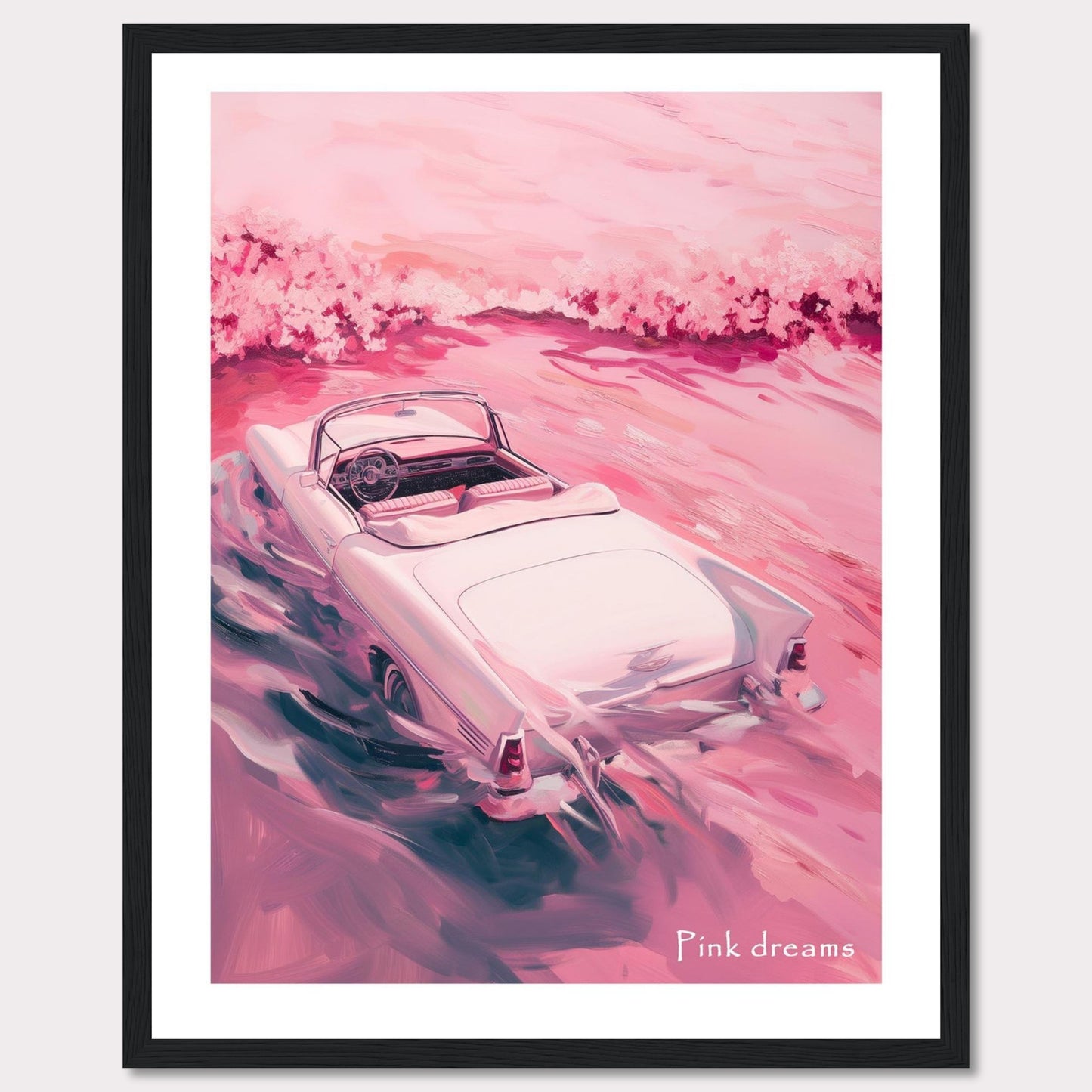 This artwork features a dreamy scene with a vintage convertible car driving through a pink-hued landscape. The soft, pastel colors create a serene and nostalgic atmosphere.