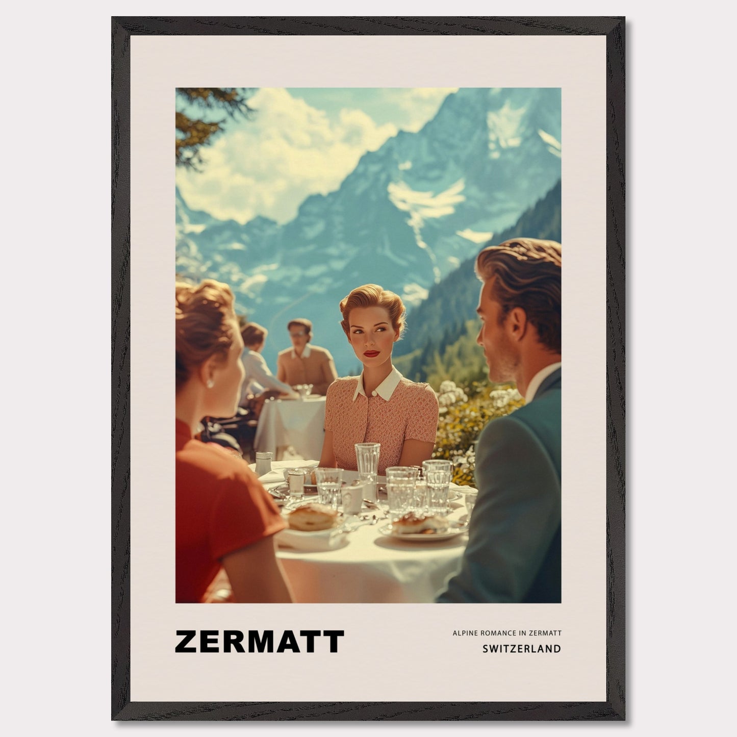 This poster transports us to a world of elegant romance amidst the mountainous landscapes of Zermatt, Switzerland. At the center of the scene is a refined woman with a romantic, enigmatic gaze directed at the man across the table on a café terrace, set against the majestic backdrop of the Alps. 