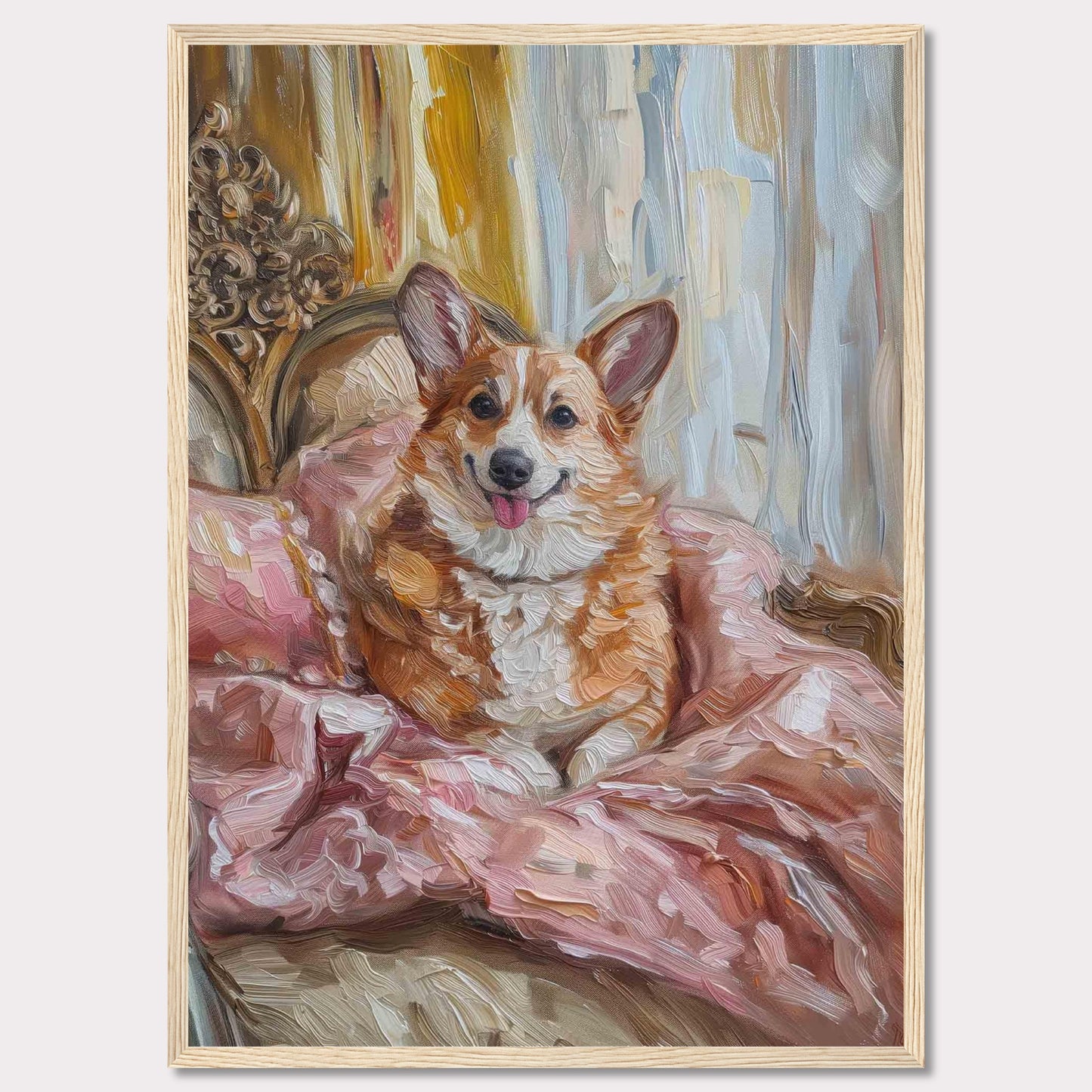 This charming painting captures a joyful corgi nestled in luxurious pink bedding, exuding warmth and happiness. The background features elegant drapery and ornate furniture, adding a touch of sophistication to the scene.