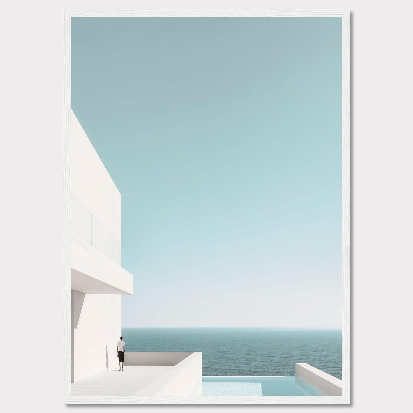 This serene image captures a minimalist coastal scene featuring a modern white building overlooking the tranquil ocean. A solitary figure stands on a balcony, gazing out at the expansive sea and clear sky. The composition exudes calmness and simplicity, inviting viewers to embrace a moment of peaceful reflection.