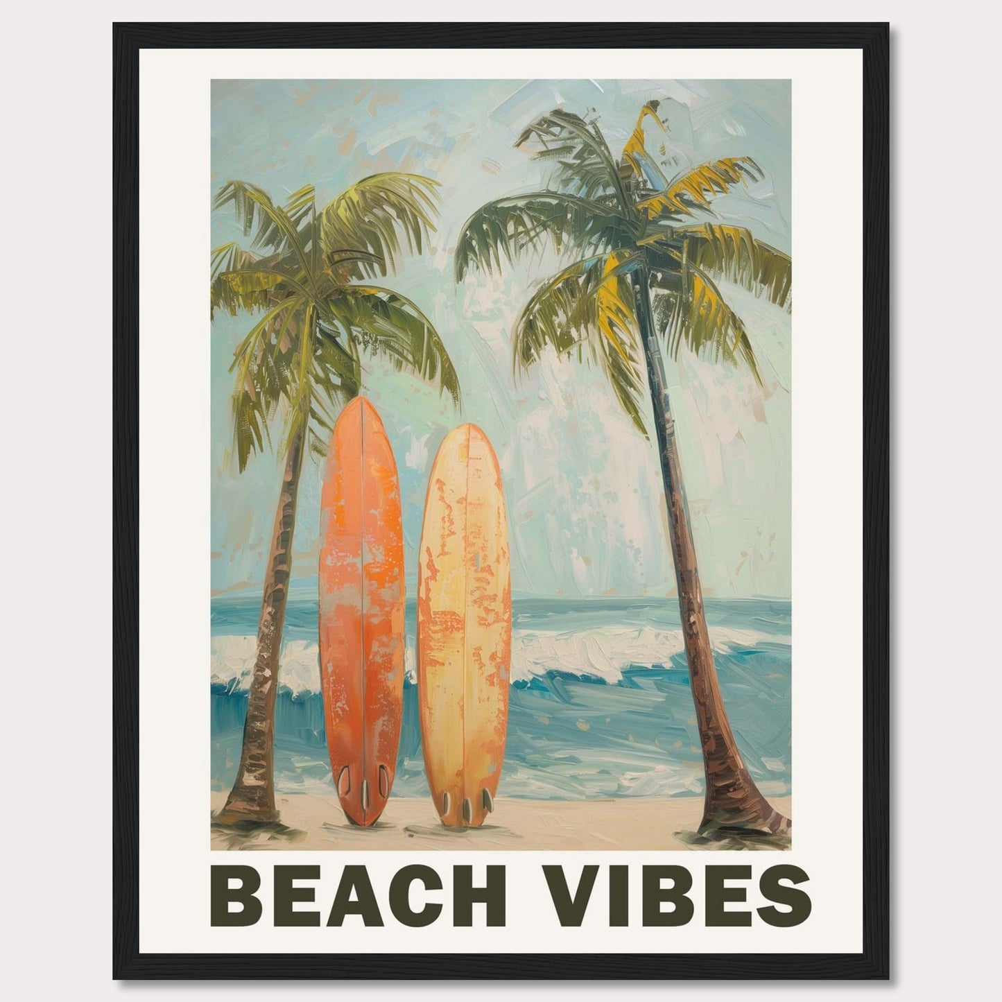 44фThis vibrant artwork captures the essence of a perfect beach day. Two surfboards rest against tall palm trees, with waves crashing in the background and a clear sky above.72862c-39cf-4de3-8367-a99b2f1fc444