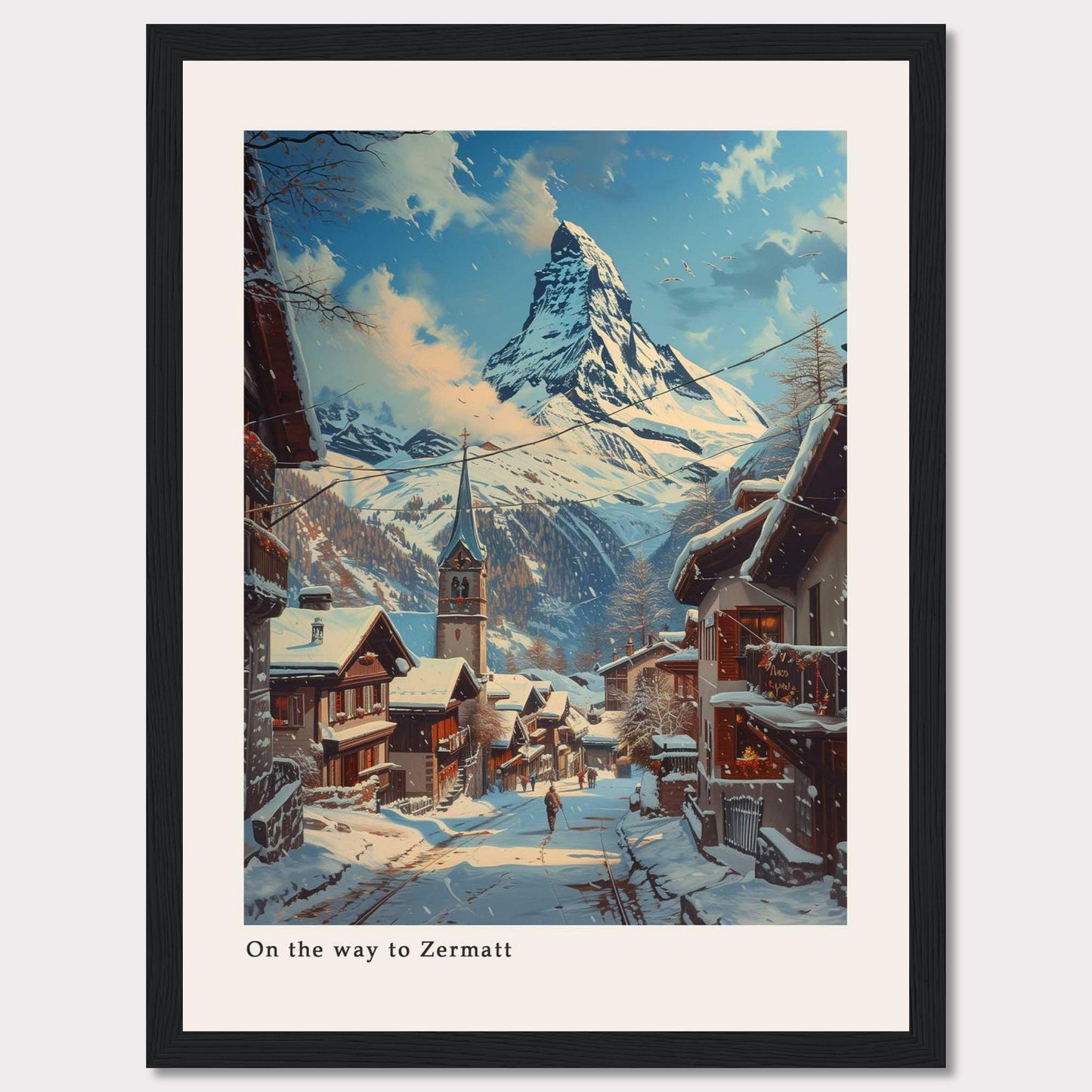 This beautiful artwork captures a serene winter scene on the way to Zermatt, featuring snow-covered rooftops and a majestic mountain in the background.