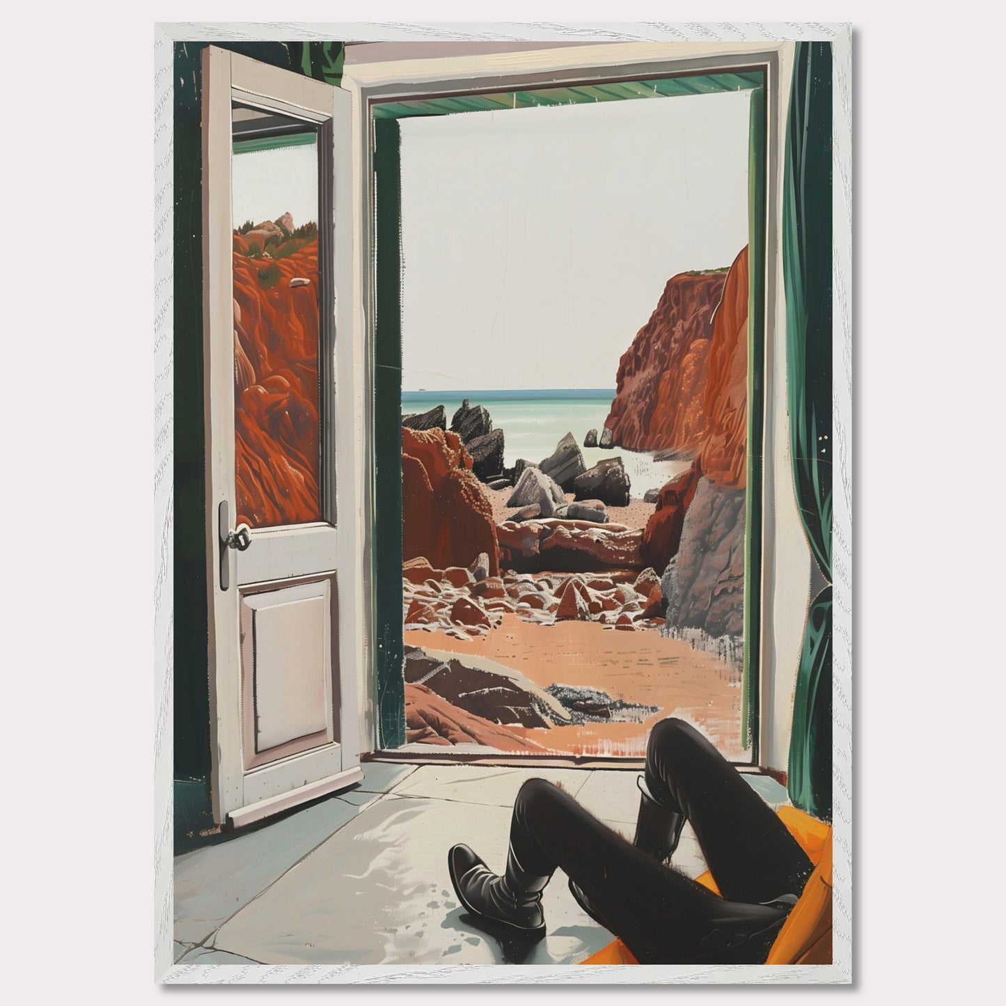 This image captures a serene view of a rocky beach through an open door. The scene is framed by the interior of a room where a person is seated, legs stretched out, possibly relaxing and enjoying the view.