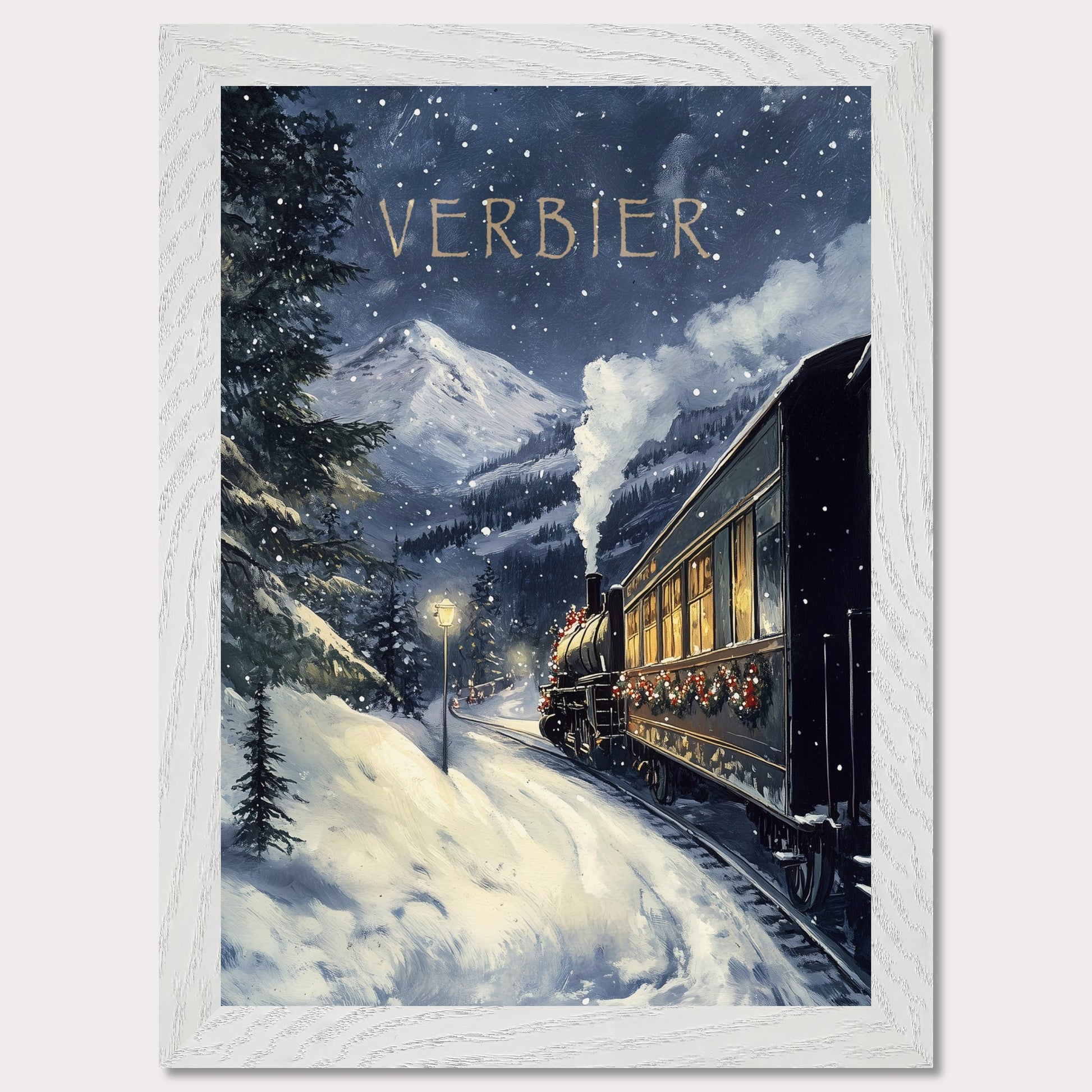 This charming, vintage-inspired poster transports you to a winter wonderland in Verbier, as a steam train adorned with festive decorations winds its way through a snowy mountain landscape. The warm glow from the train’s windows contrasts beautifully with the cool, snowy surroundings, creating a nostalgic and inviting atmosphere. The gentle snowfall and the towering mountain peaks in the background complete the serene yet adventurous feel of this picturesque winter journey.