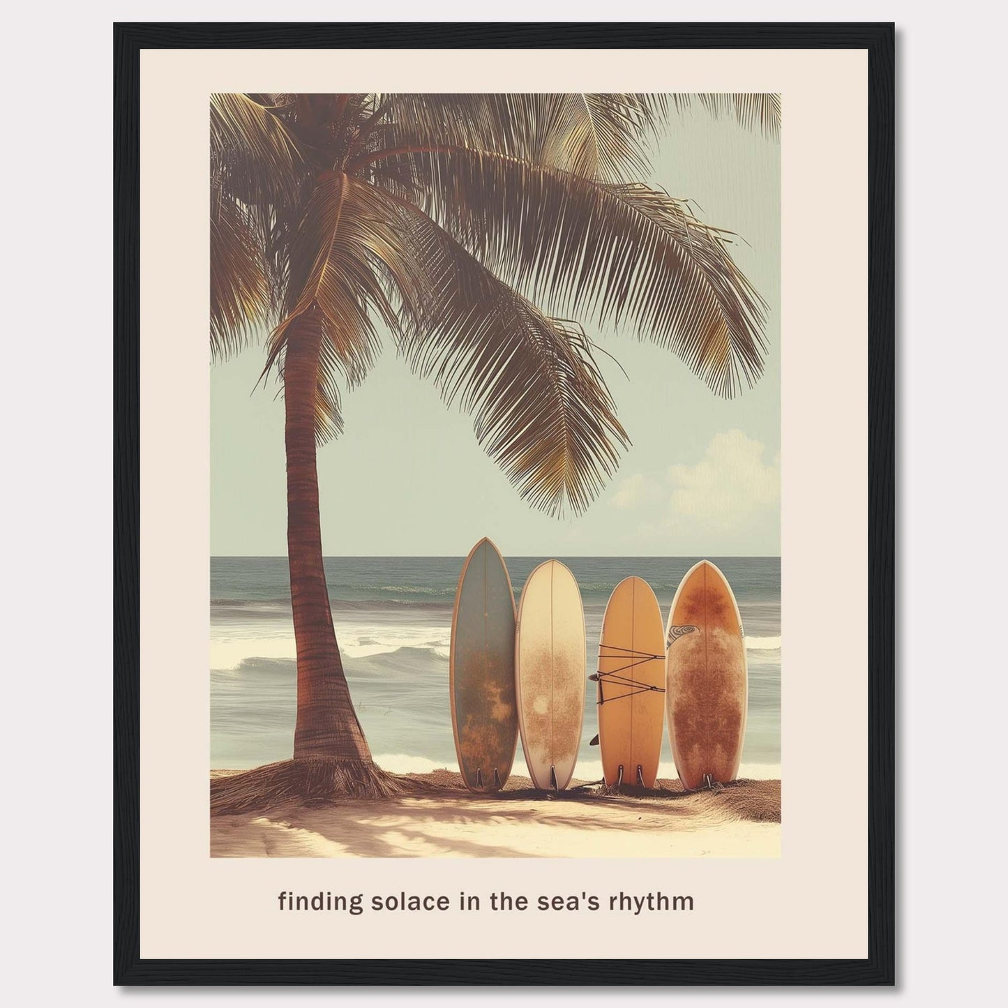 This image captures a serene beach scene with surfboards resting against a palm tree, inviting you to find peace in the ocean's rhythm.