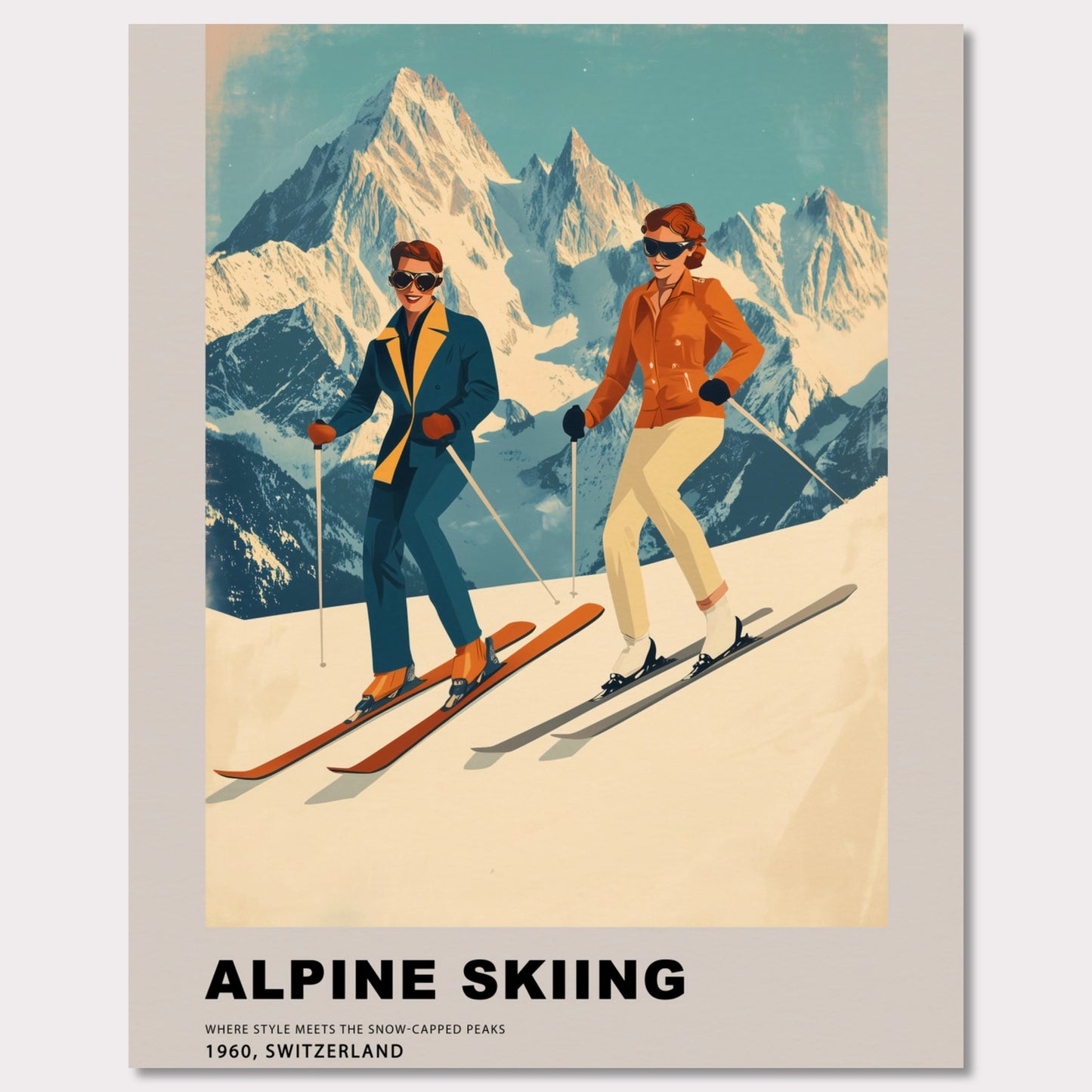 This stunning retro-style poster celebrates the elegance of alpine skiing in Switzerland. Two stylish skiers gracefully glide down the snowy slopes, set against the backdrop of majestic, sunlit peaks. The vintage color palette and mid-century design highlight the timeless charm and sophistication of the alpine experience, making it a celebration of both sport and scenery.