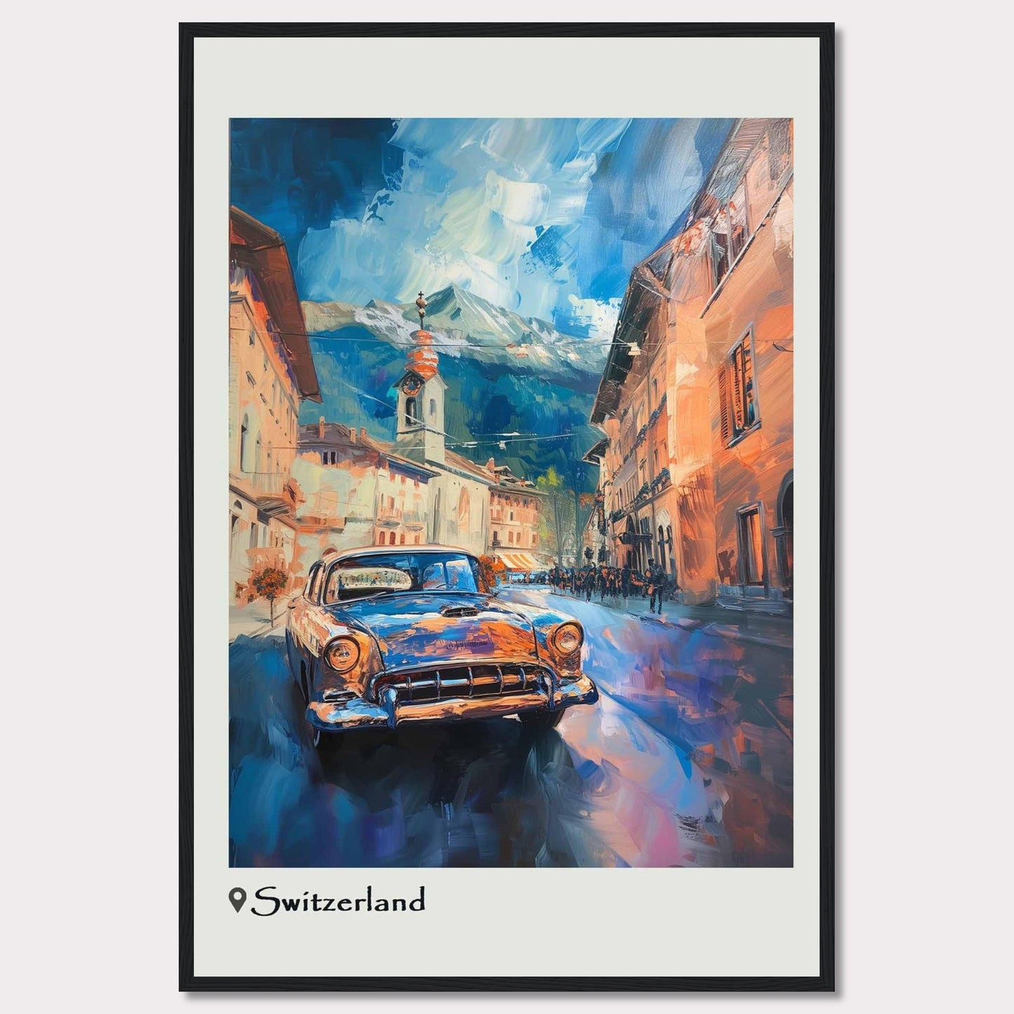 This vibrant painting captures the charm of a Swiss town with a classic car driving through its picturesque streets. The scene is set against a backdrop of majestic mountains under a dynamic sky.