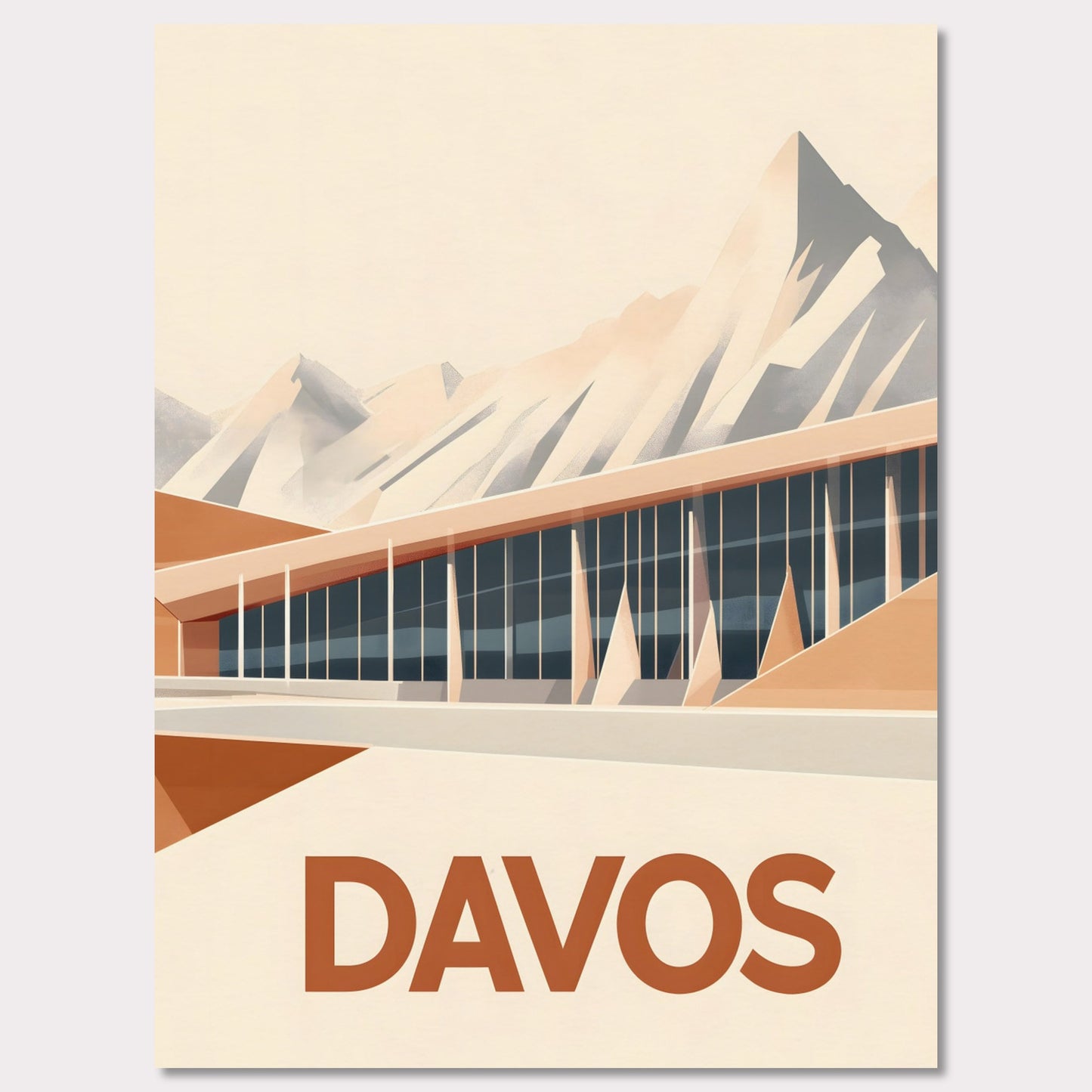 An artistic depiction of Davos, where a contemporary structure stretches along the base of snow-covered peaks. The smooth design of the building complements the sharp mountain ridges, creating a stunning contrast.