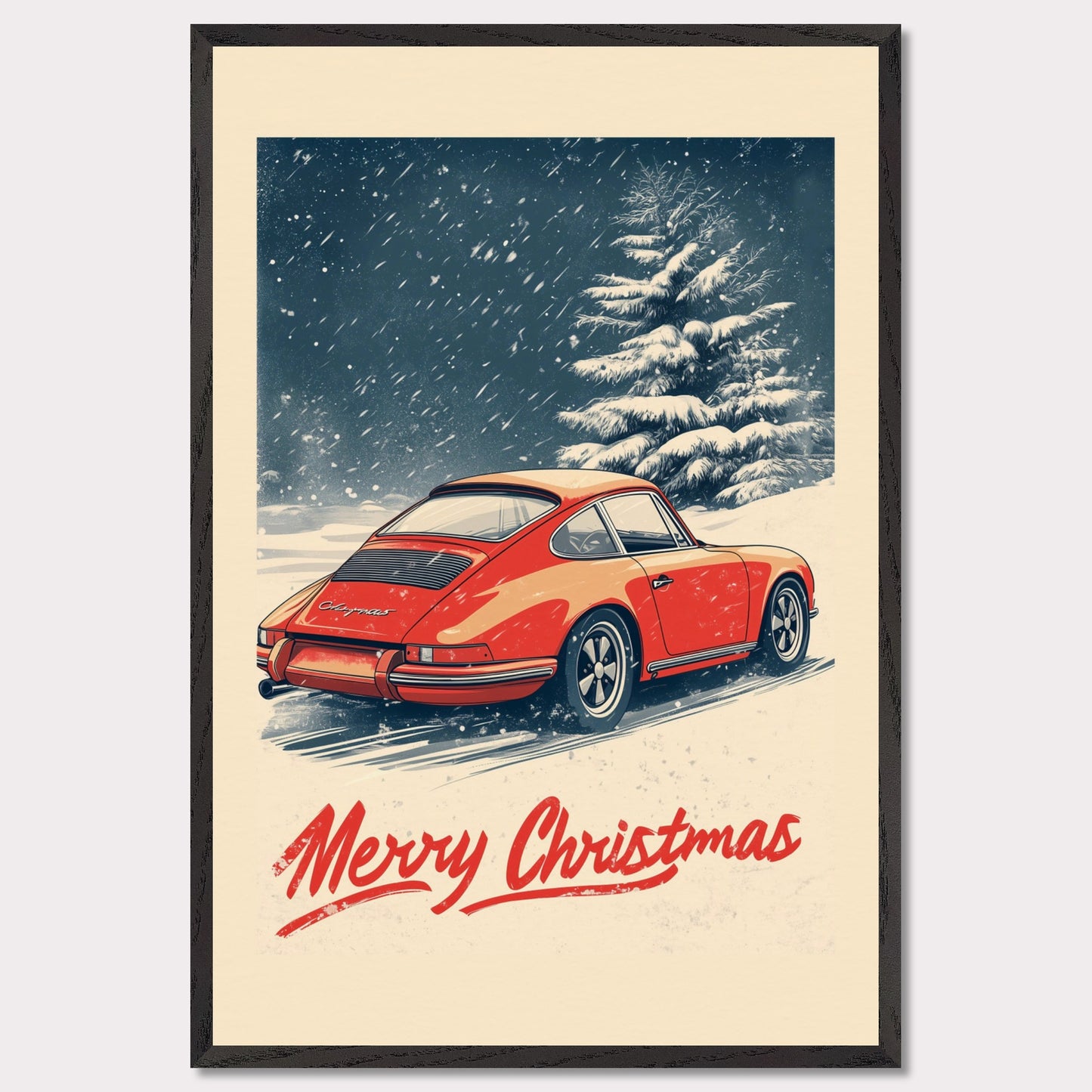 This nostalgic holiday poster features a striking red Porsche driving through a snow-covered landscape, with festive snowflakes gently falling around the scene. A snowy tree and soft winter hues create a cozy and festive atmosphere. The bold "Merry Christmas" typography adds an extra touch of holiday cheer, making it a perfect way to celebrate the season with a classic car enthusiast's touch.