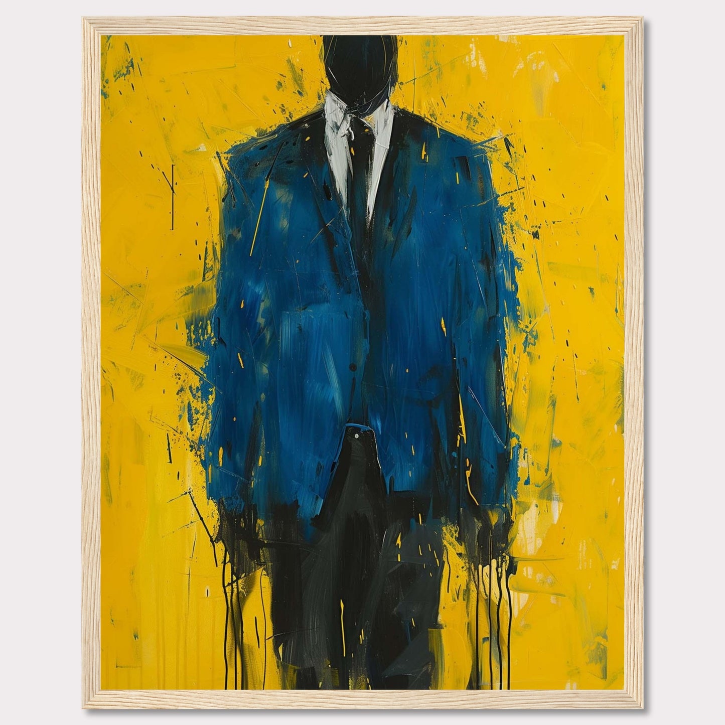 This striking painting features a faceless figure in a blue suit against a vibrant yellow background. The abstract style and bold colors create a powerful visual impact.