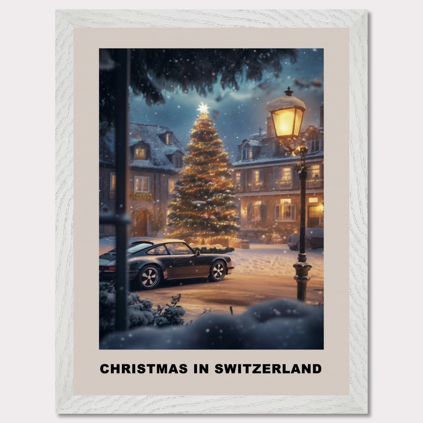 This heartwarming poster depicts a magical Swiss town square adorned with a glowing Christmas tree under a snowy evening sky. A classic vintage car adds a nostalgic charm, parked amidst festive lights and cozy, snow-covered houses. The scene invites you to experience the serene joy of a Swiss Christmas.