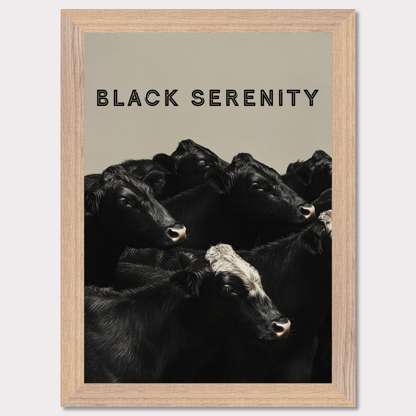 This image showcases a serene group of black cows, with one cow featuring a distinctive white marking on its head. The title "BLACK SERENITY" is prominently displayed at the top, emphasizing the calm and peaceful nature of the scene.