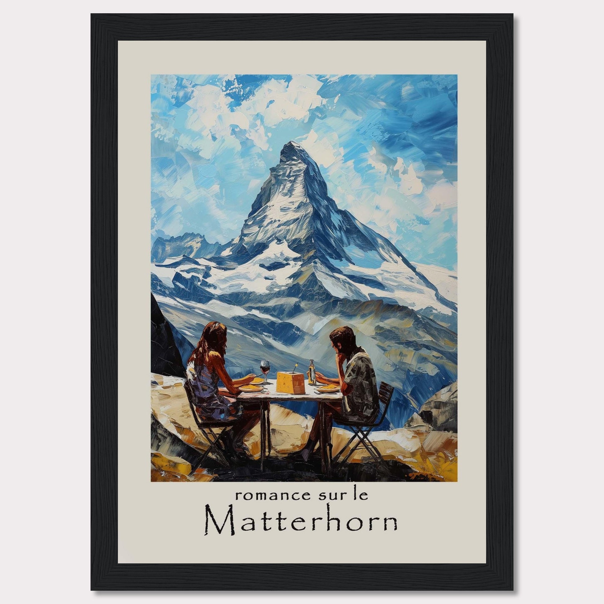 This captivating poster showcases a romantic scene at the Matterhorn, with a couple enjoying a meal against the breathtaking backdrop of the iconic mountain.