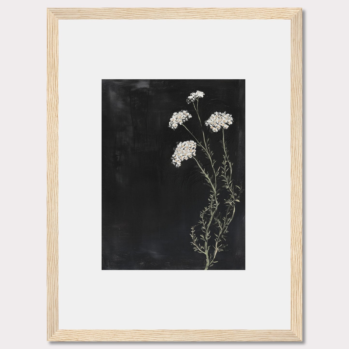 This elegant framed artwork features delicate white flowers against a deep black background, creating a striking contrast. The minimalist design emphasizes the natural beauty of the floral arrangement, making it a perfect addition to any modern interior.