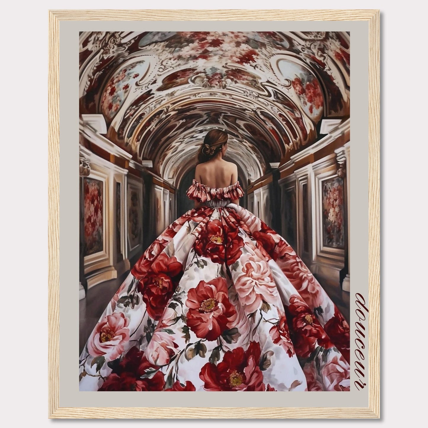 This stunning artwork features a woman in an opulent floral gown walking through an intricately decorated corridor. The scene exudes elegance and grandeur, capturing a moment of timeless beauty.