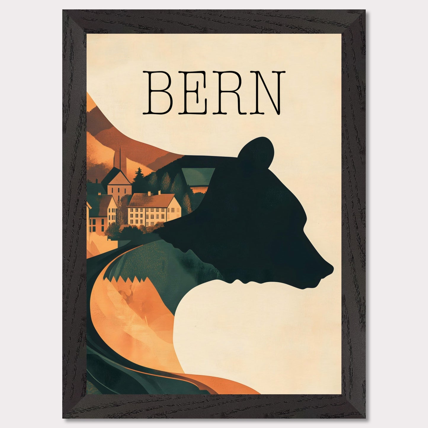 This minimalist travel poster captures the essence of Bern, Switzerland, with a flowing river winding through the city's historic heart. The design highlights the city's iconic medieval architecture, framed by the serene natural surroundings. The soft, muted tones evoke a sense of nostalgia and tranquility, making it a perfect representation of Bern’s timeless beauty.