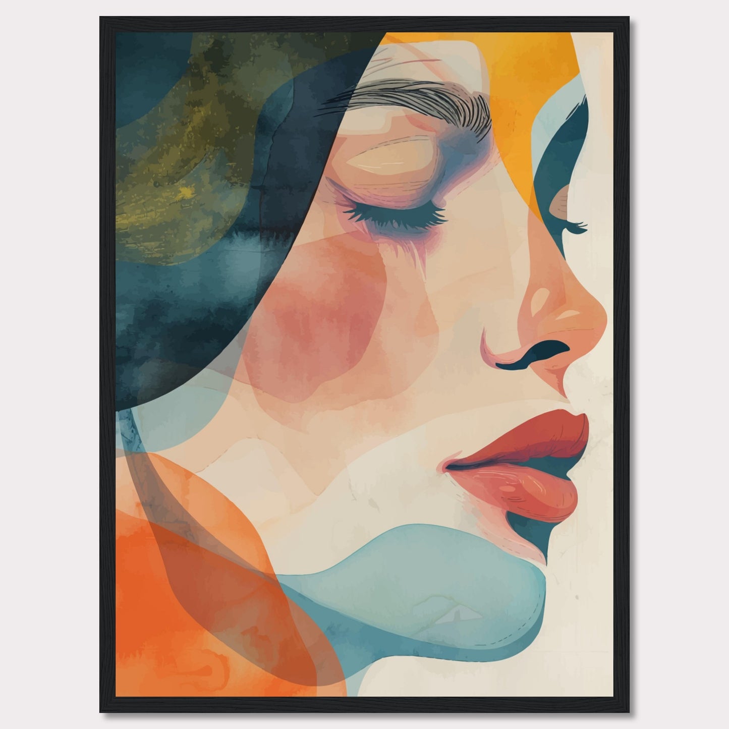 This captivating artwork features a serene profile of a woman's face, rendered in a vibrant mix of abstract colors. The composition highlights her closed eyes and calm expression, evoking a sense of tranquility and introspection.