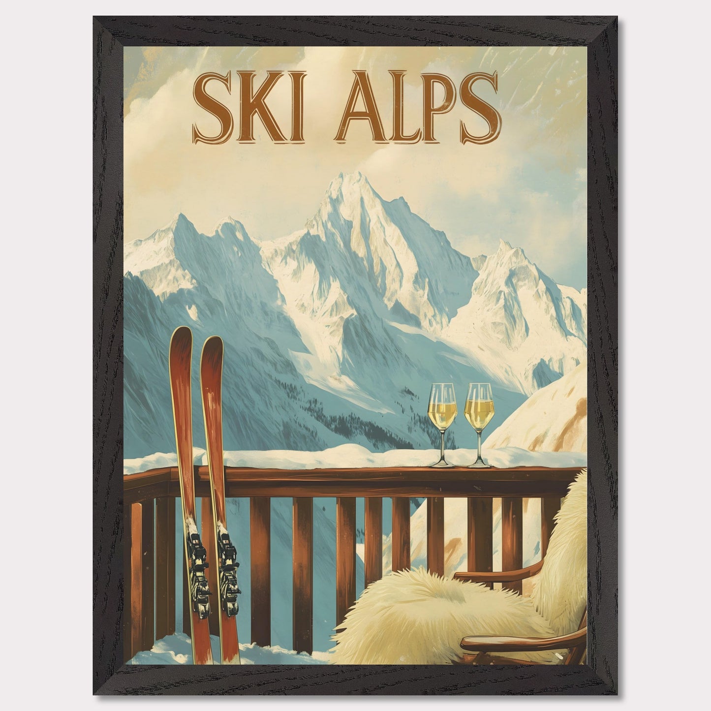 This soothing poster transports you to a tranquil alpine terrace with a breathtaking view of snow-covered peaks. A wooden chair draped in soft fur and paired with two glasses of sparkling wine sets the tone for a peaceful and intimate winter retreat.