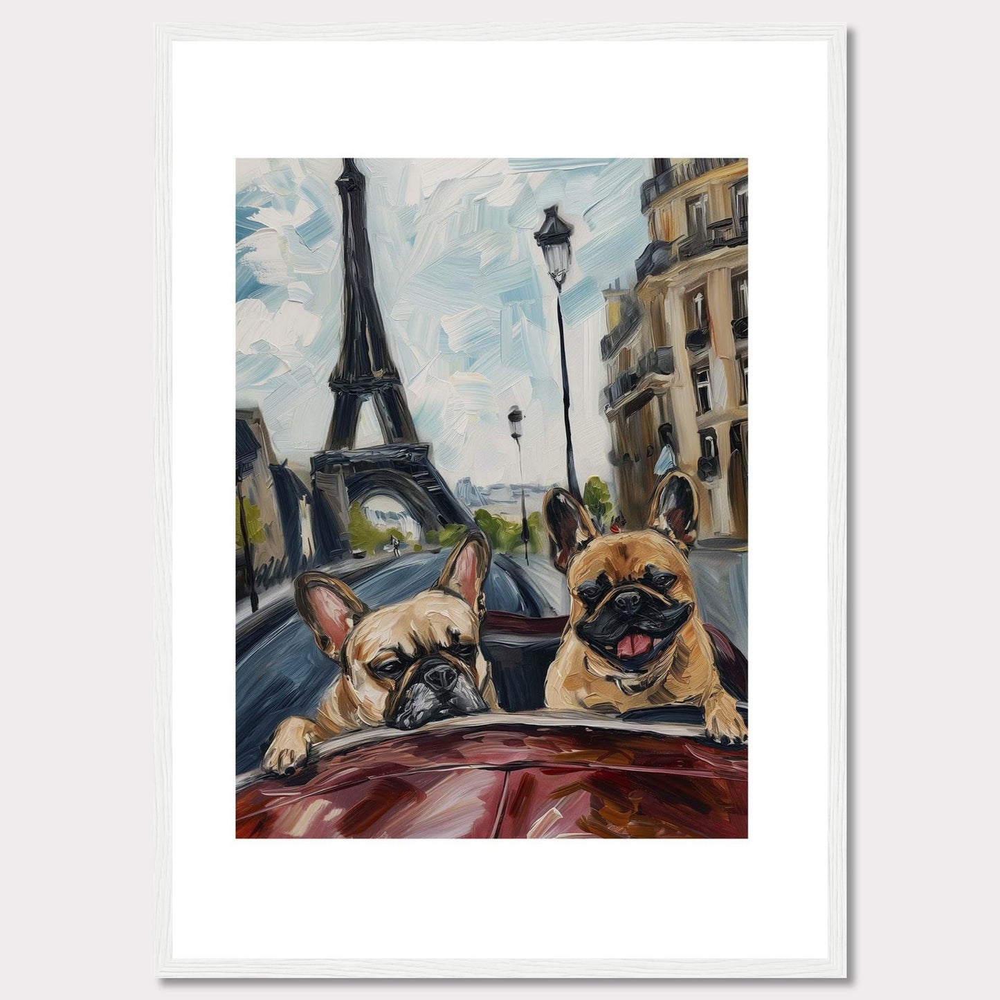 This vibrant painting captures two adorable French Bulldogs enjoying a ride in a car with the iconic Eiffel Tower in the background. The artwork beautifully blends elements of Parisian architecture, street lamps, and the joyful expressions of the dogs.