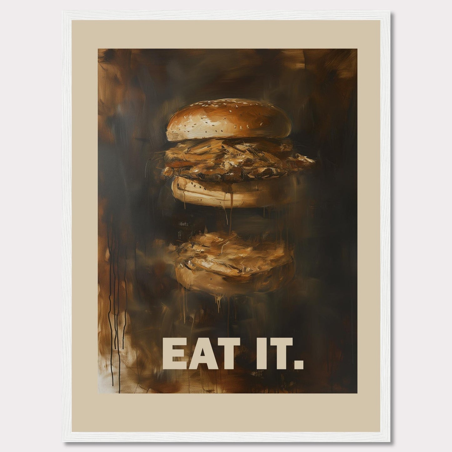 This image features an artistic depiction of a juicy burger with the words "EAT IT." prominently displayed at the bottom. The painting captures the essence of a delicious, mouth-watering burger with rich, dark tones and a slightly abstract style.