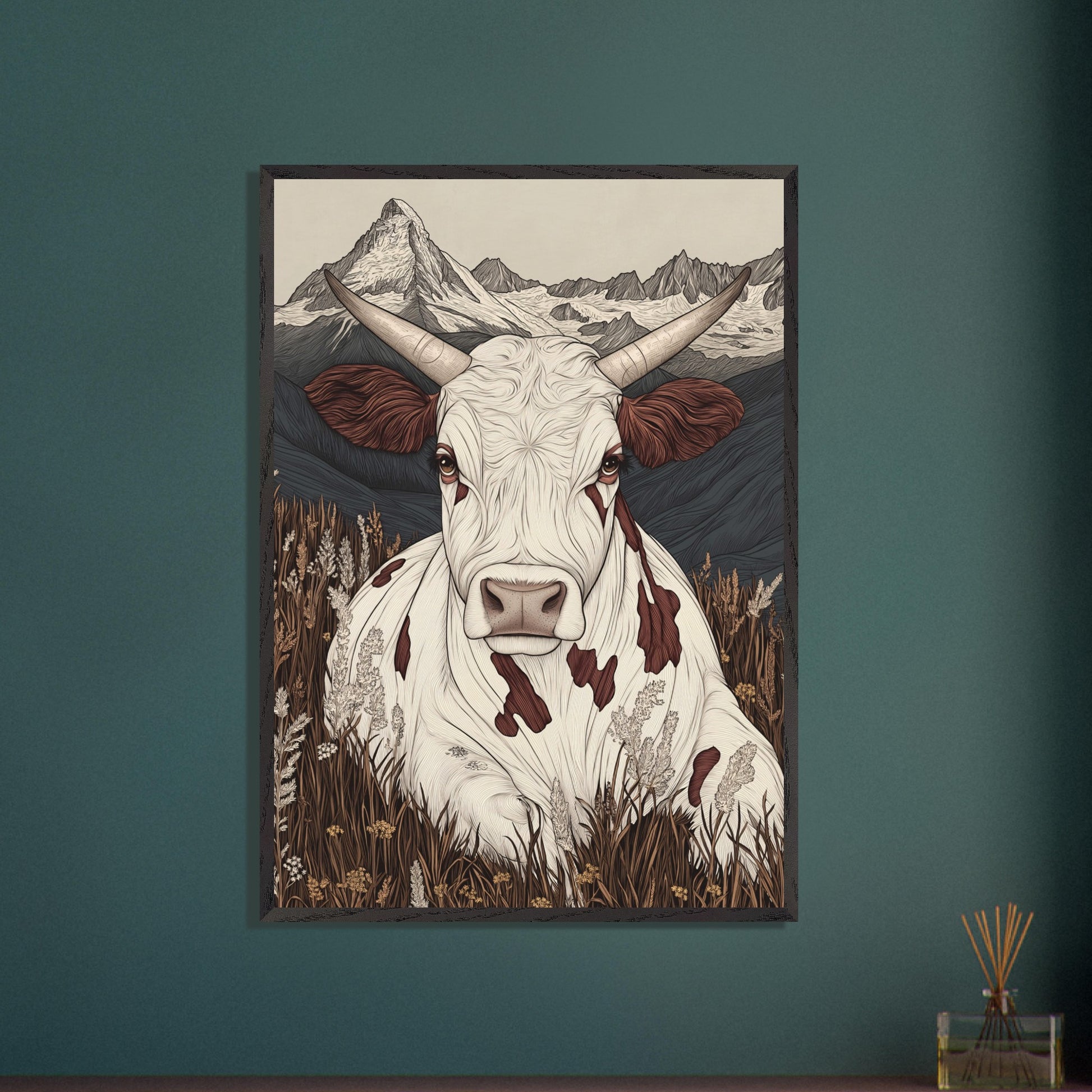 This beautifully detailed poster portrays a tranquil scene of alpine life with a focus on the harmonious connection between nature and animals. A striking cow with intricate features gazes directly at the viewer, creating a sense of intimacy, while the majestic Matterhorn looms in the background. The combination of soft earth tones and delicate linework evokes a rustic yet modern aesthetic.