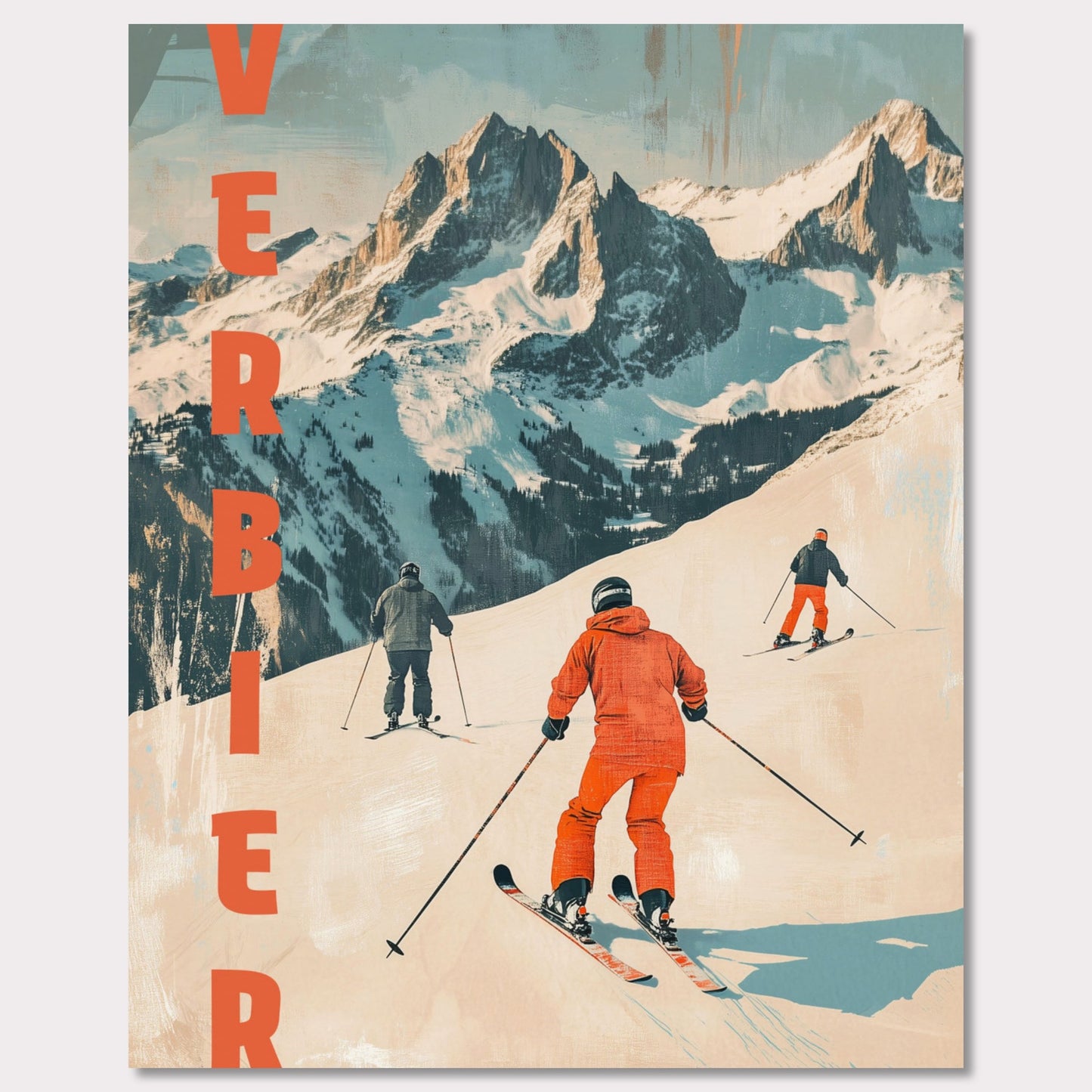 This retro-inspired poster vividly captures the exhilarating spirit of skiing in Verbier. A group of skiers clad in bold orange descends a pristine alpine slope, set against the majestic backdrop of rugged, snow-covered peaks. The textured vintage art style and muted color palette evoke nostalgia while celebrating the dynamic energy of winter sports.