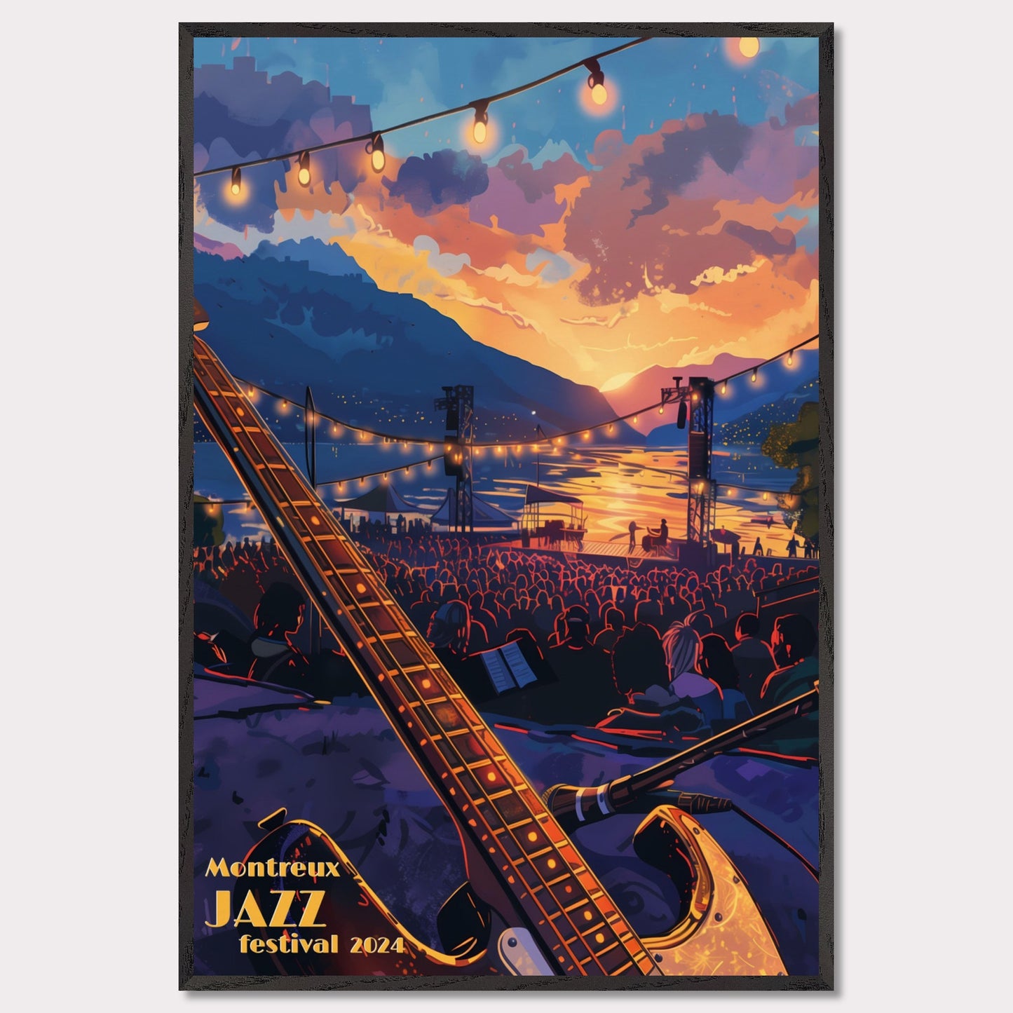 This vibrant poster captures the essence of the Montreux Jazz Festival 2024. Set against a breathtaking sunset over a serene lake, the scene is filled with an audience eagerly awaiting the performance. An electric guitar in the foreground hints at the musical magic to come, while string lights add a festive ambiance.