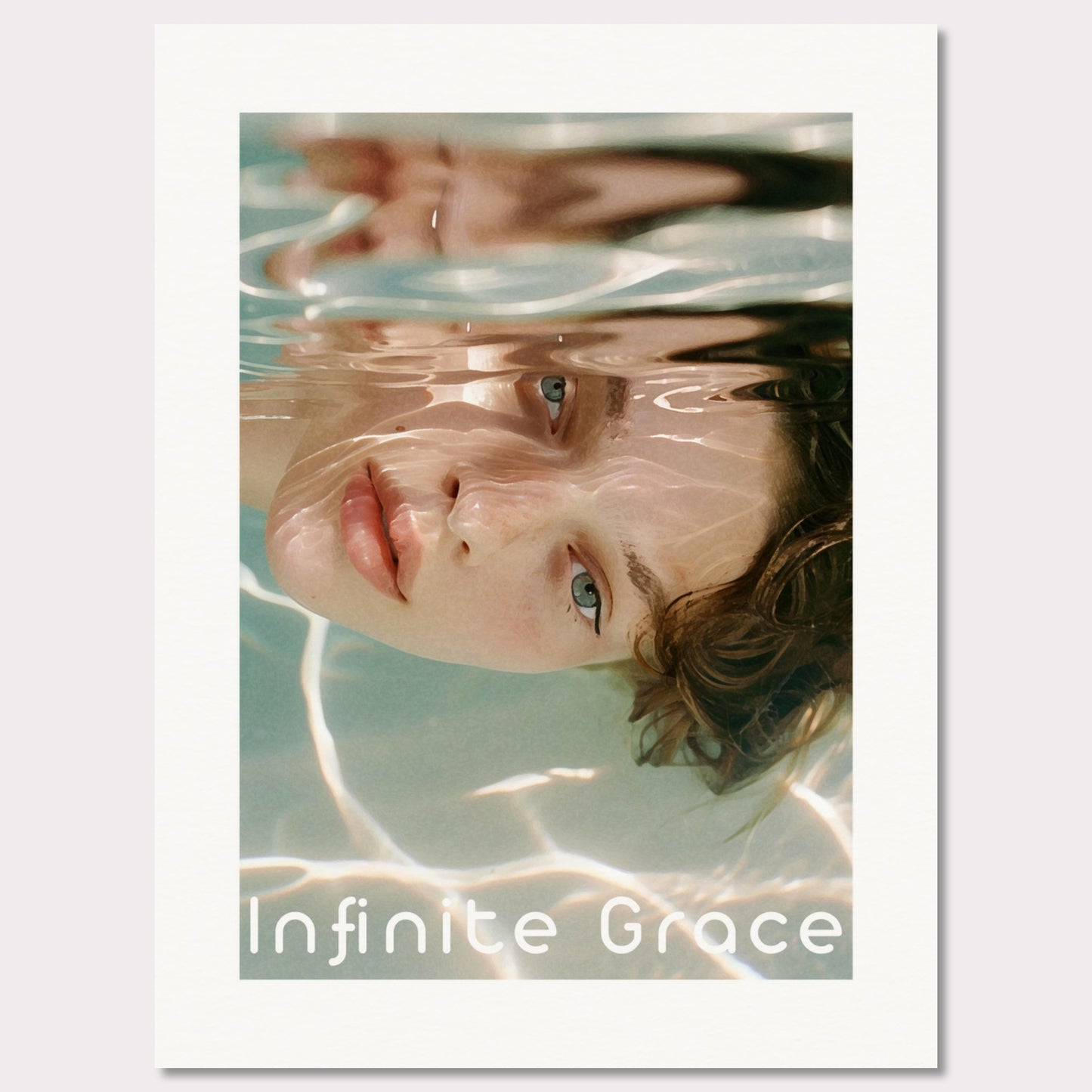 This is an illustration of a person's face partially submerged in water, creating a reflective and serene effect. The text "Infinite Grace" is displayed at the bottom of the image.

Where will this poster fit: This poster would fit well in a modern living room, a bedroom, or a creative studio space.