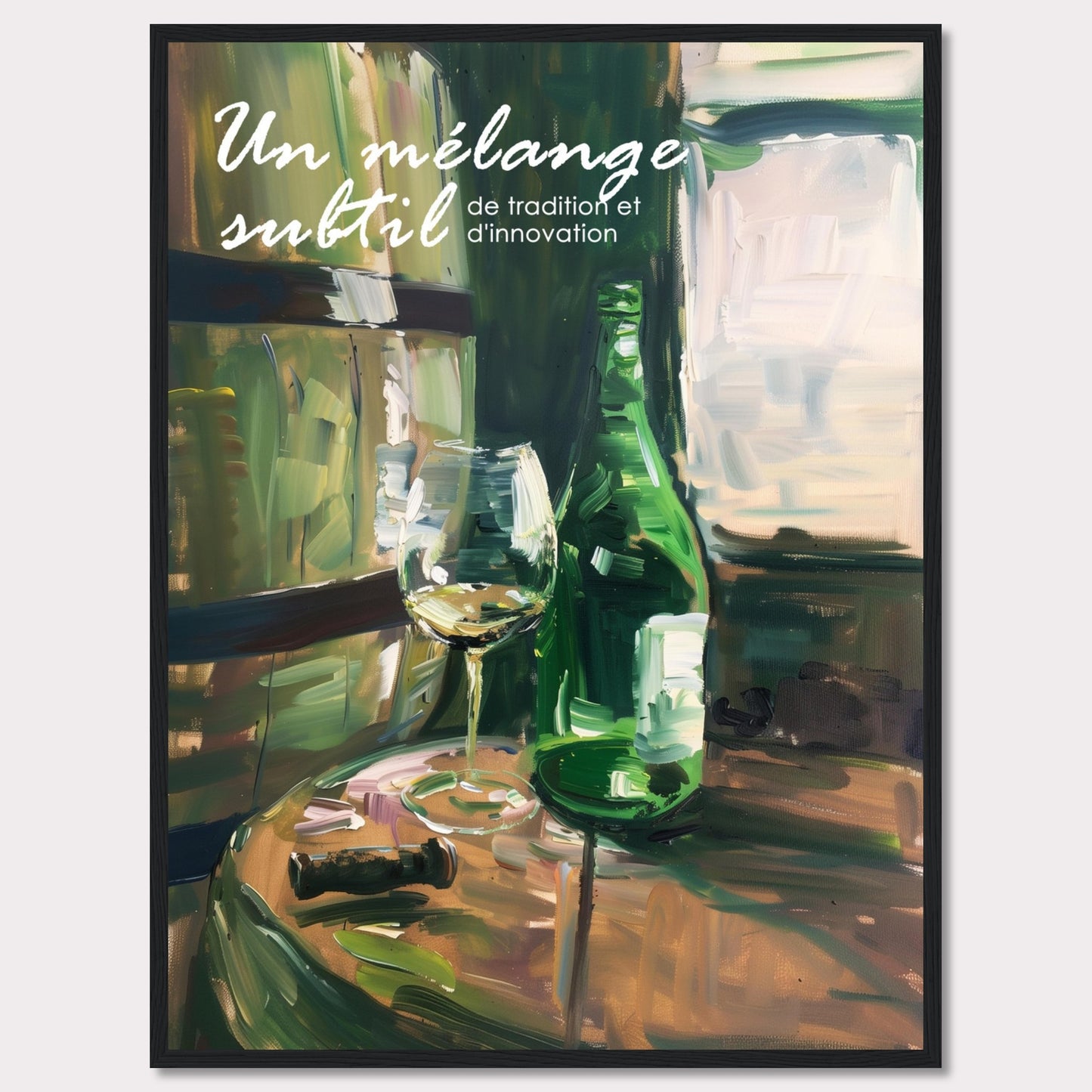 This image showcases a beautifully painted scene of a wine bottle and glass on a wooden table, evoking a sense of sophistication and elegance. The text on the image reads "Un mélange subtil de tradition et d'innovation," which translates to "A subtle blend of tradition and innovation."