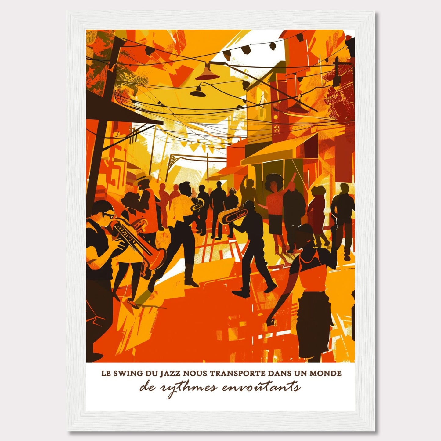 This vibrant illustration captures the lively atmosphere of a jazz street performance. Musicians with trumpets and trombones play energetically, surrounded by an enthusiastic crowd. The scene is bathed in warm hues of orange and yellow, evoking a sense of warmth and excitement.