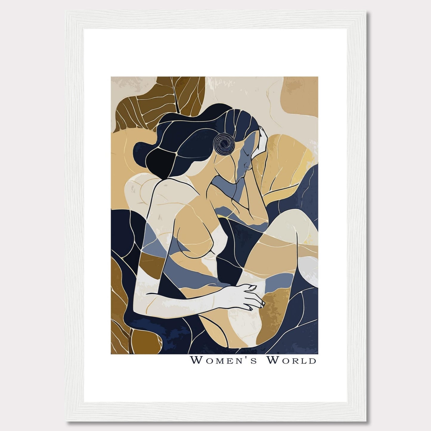 This is a contemporary art print titled "Women's World," featuring an abstract depiction of a woman in muted tones of blue, beige, and brown. The artwork is framed in a sleek black frame.