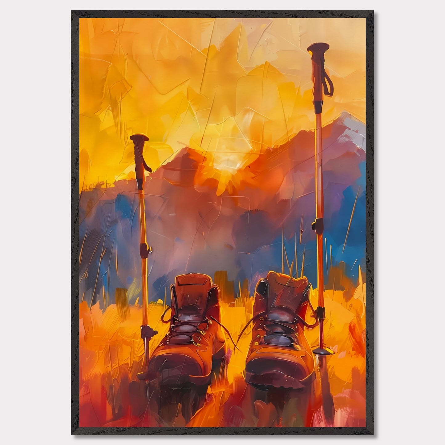 This illustration depicts a pair of hiking boots and trekking poles set against a vibrant, abstract background of mountains and a sunset.