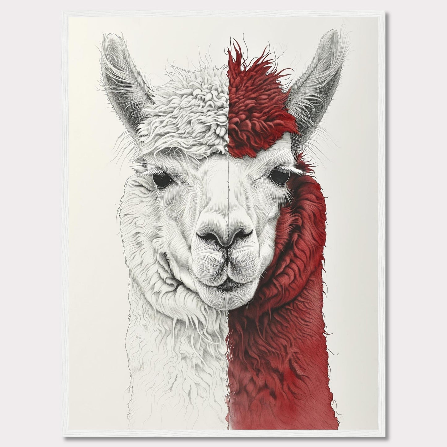 This striking artwork features a detailed illustration of an alpaca with a unique half-white, half-red fur pattern. The intricate lines and textures bring the alpaca's gentle expression to life, making it a captivating piece for any space.