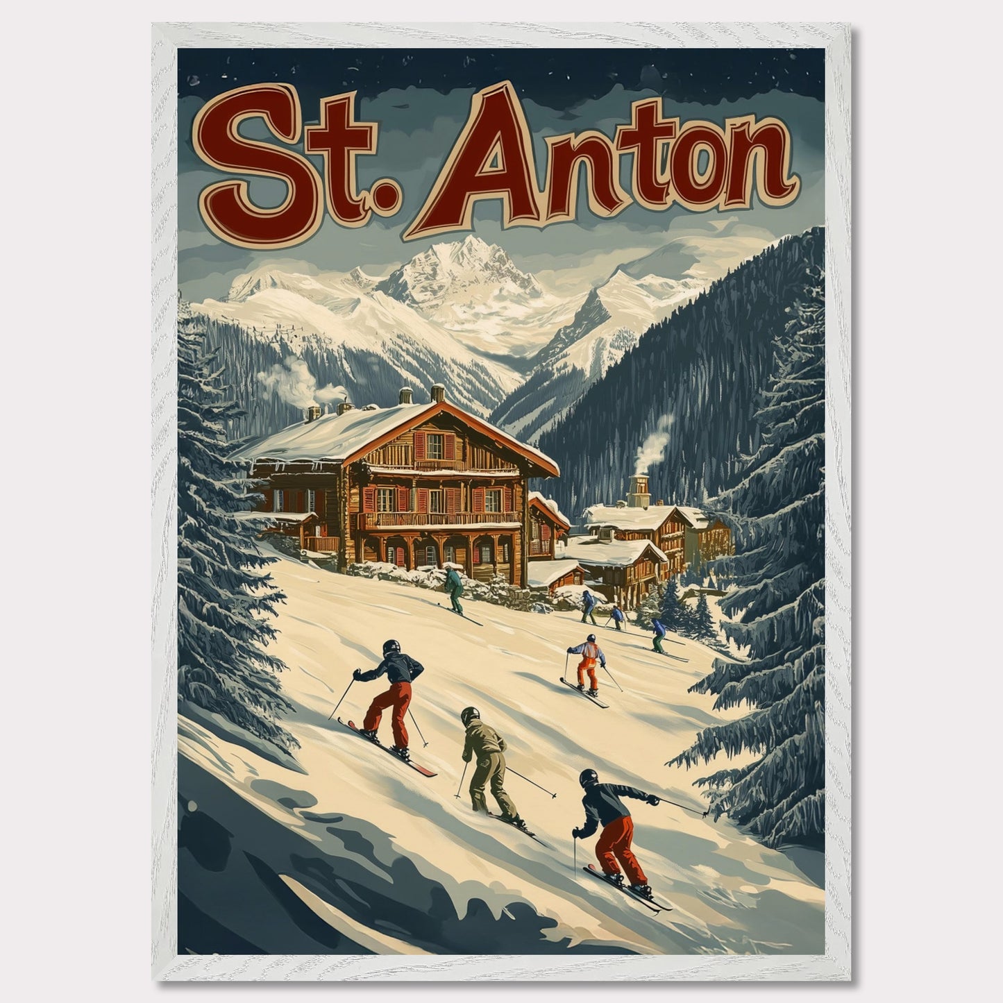 This minimalist yet striking poster captures the essence of St. Anton's alpine charm through its dynamic composition and vintage-inspired design. At the heart of the image is a group of skiers gracefully descending the snowy slopes, framed by towering evergreens and a cozy wooden chalet. The vibrant yet balanced color palette enhances the lively appeal, blending a sense of adventure and winter serenity.