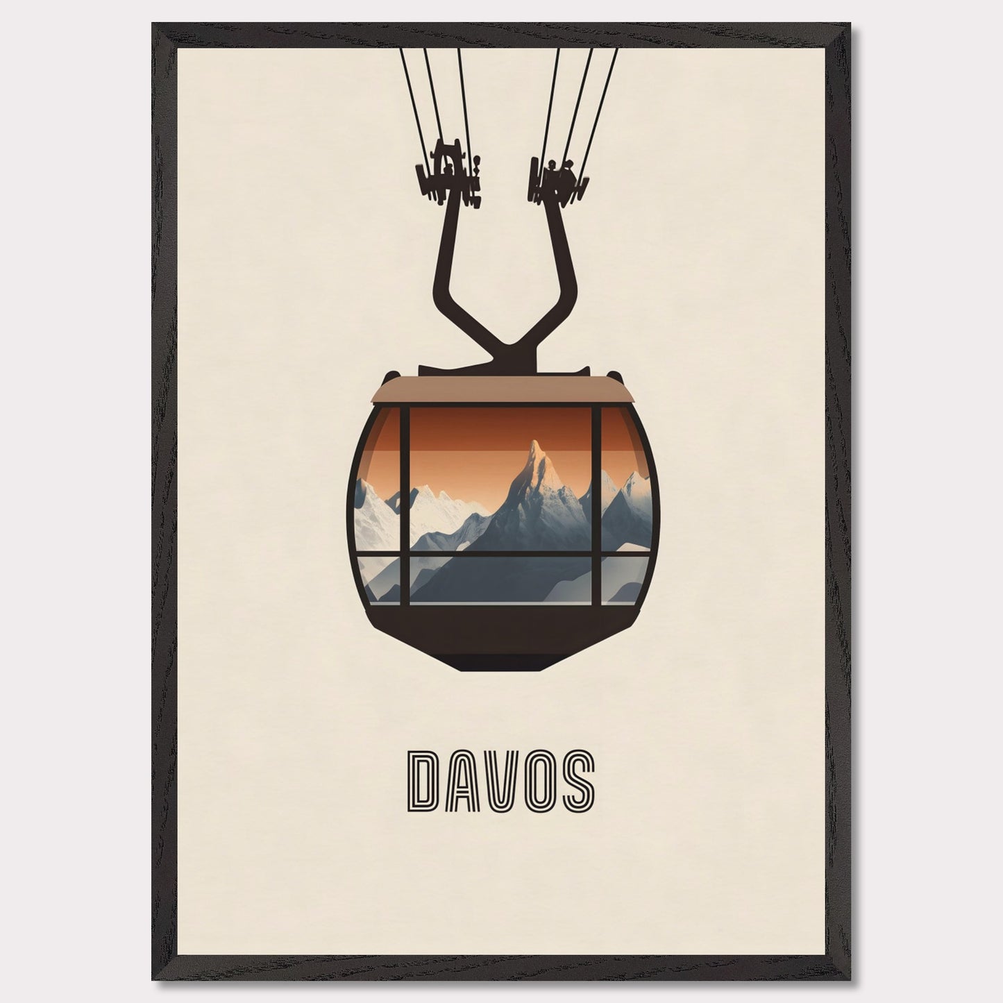 A striking minimalist poster featuring a cable car with a breathtaking view of the Swiss Alps. The warm tones contrast with the cool mountain peaks, evoking the excitement of alpine adventures.